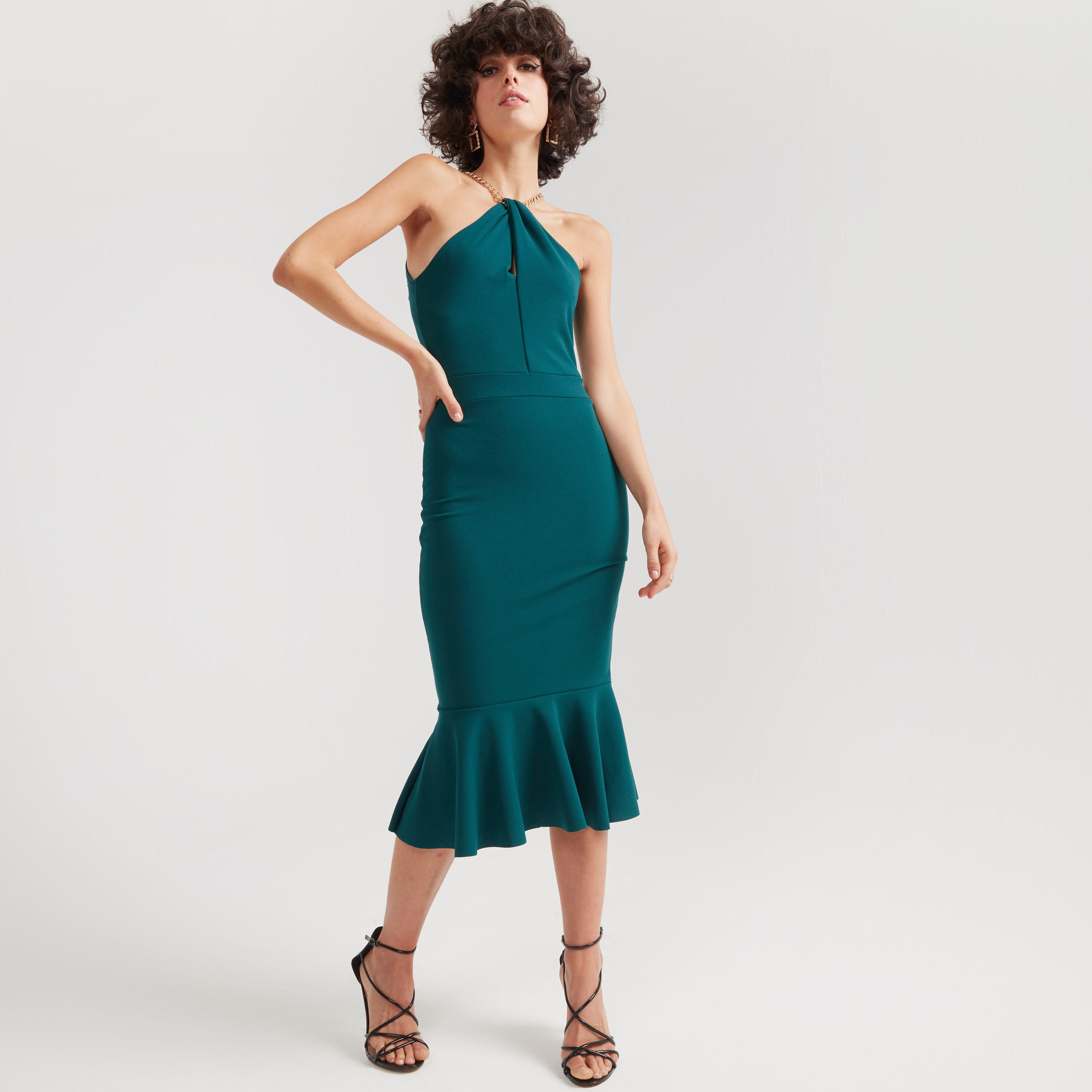 فستان ميدي سادة بقصة ضيقة وياقة هالتر وحوّاف كشكش من تو إكستريمز-women-clothing-dresses-image-2