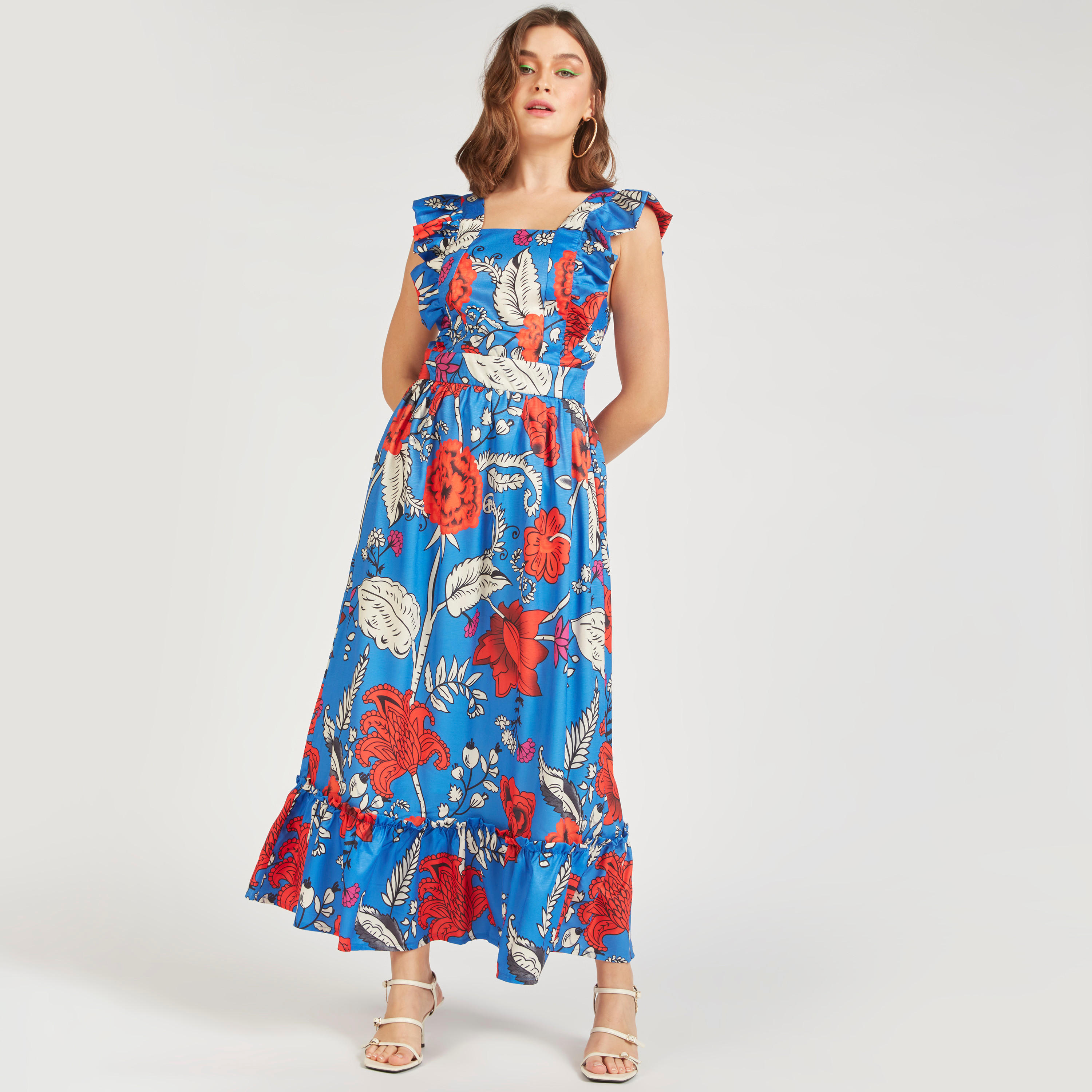 فستان طويل دون أكمام بطبعات زهرية وتفاصيل كشكش من توإكستريمز-women-clothing-dresses-image-4