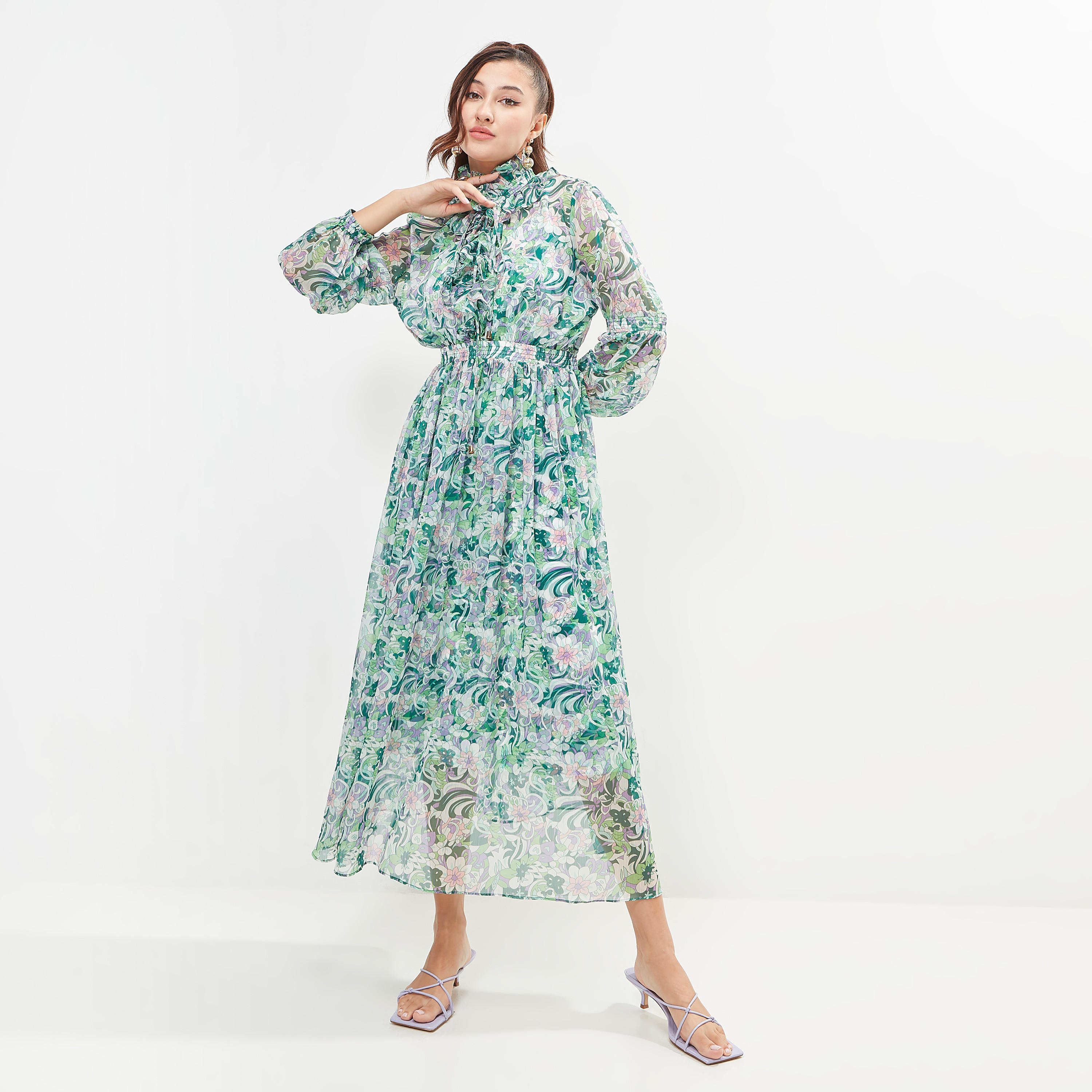 2Xtremz Floral Print Dress with Ruffled Long Sleeves and Slip-women-clothing-dresses-image-1