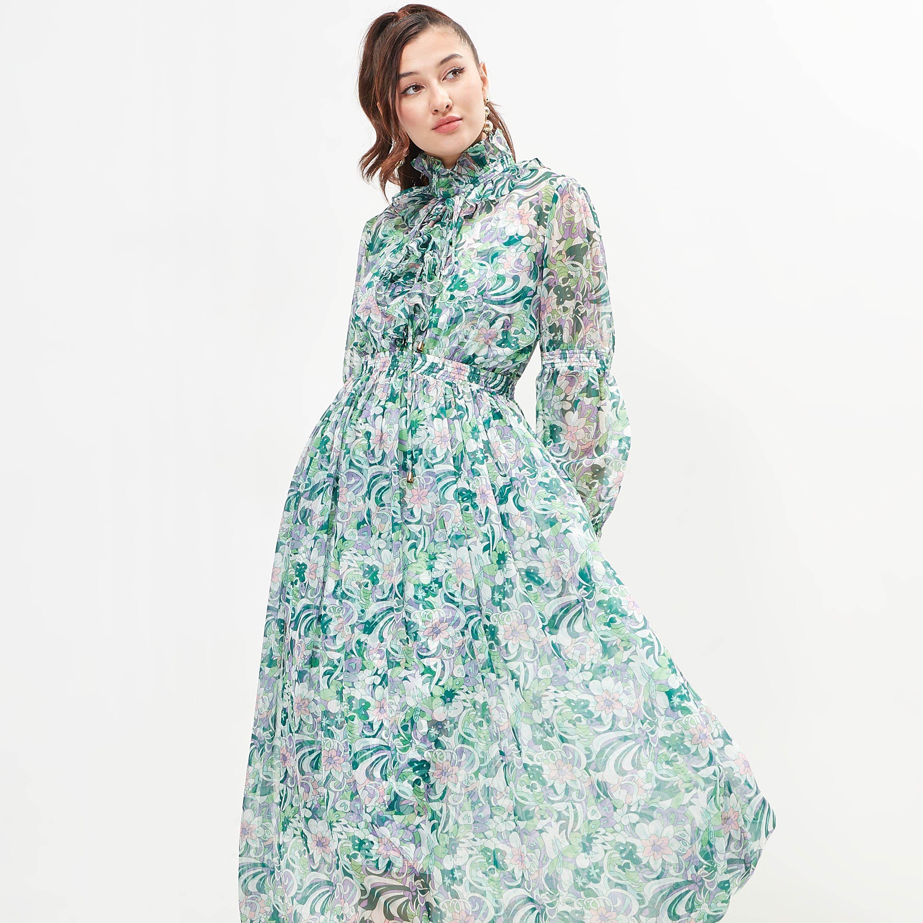 2Xtremz Floral Print Dress with Ruffled Long Sleeves and Slip-women-clothing-dresses-image-2
