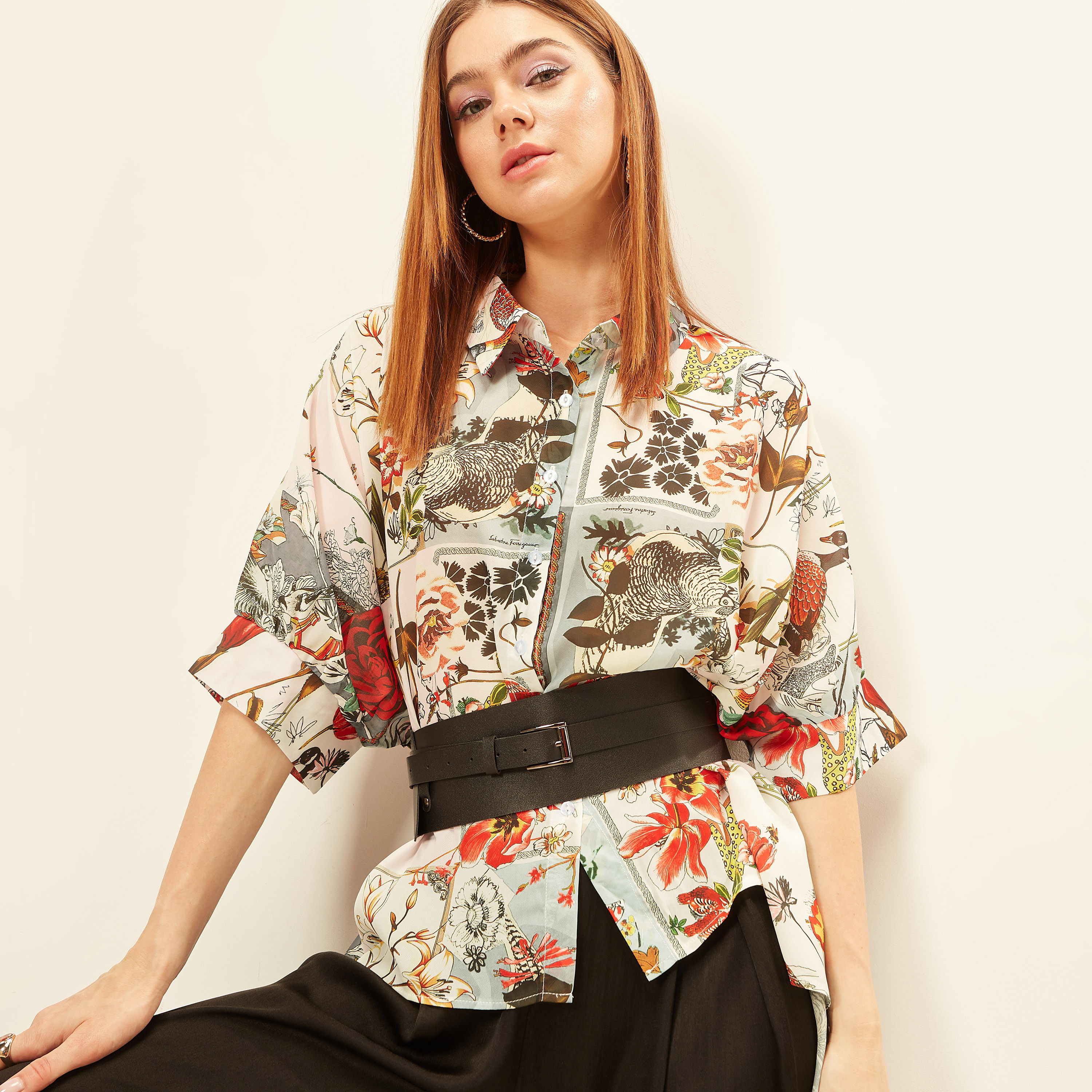 2Xtremz Floral Print High Low Tunic Shirt with 3/4 Sleeves-women-clothing-shirtsandblouses-shirts-image-2