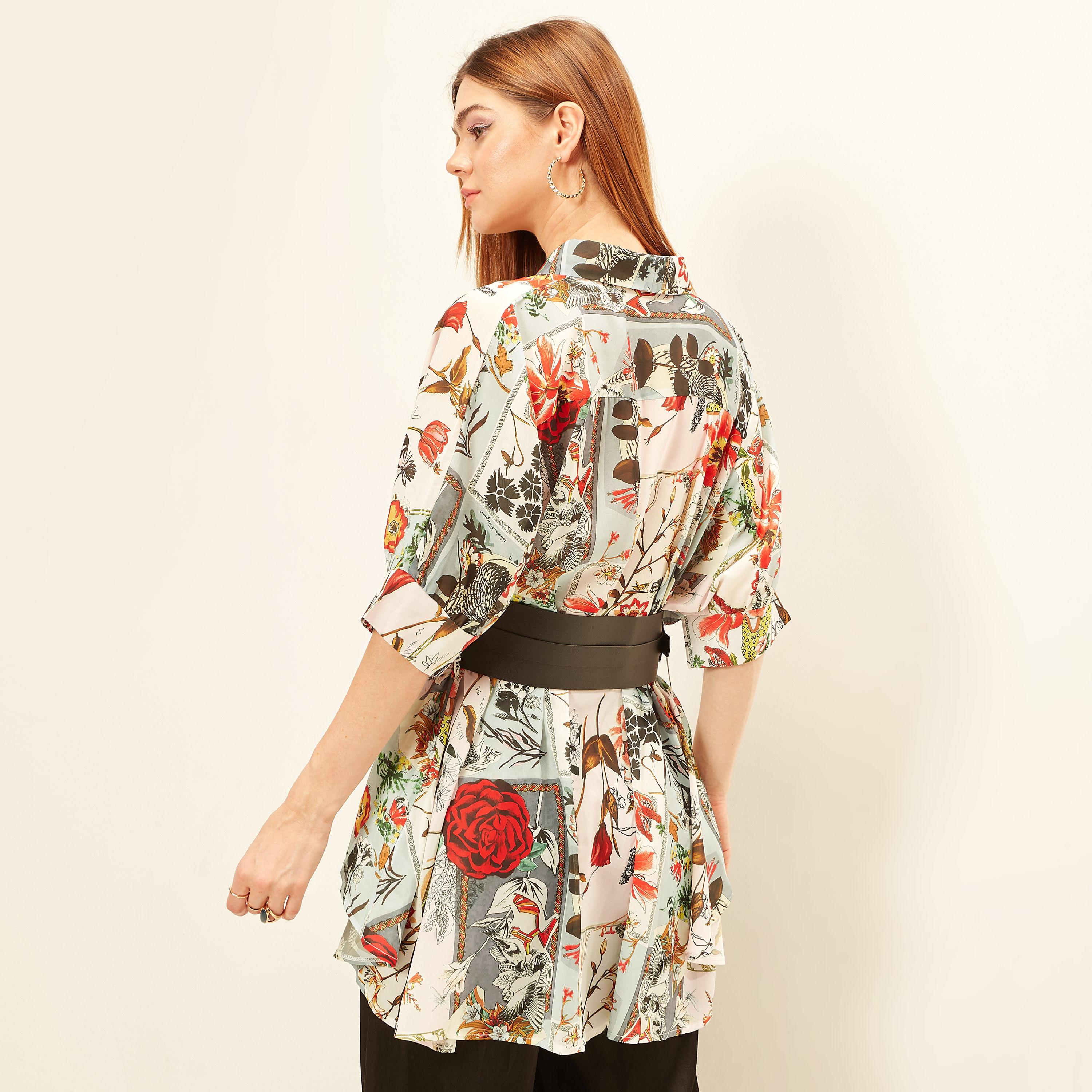 2Xtremz Floral Print High Low Tunic Shirt with 3/4 Sleeves-women-clothing-shirtsandblouses-shirts-image-4