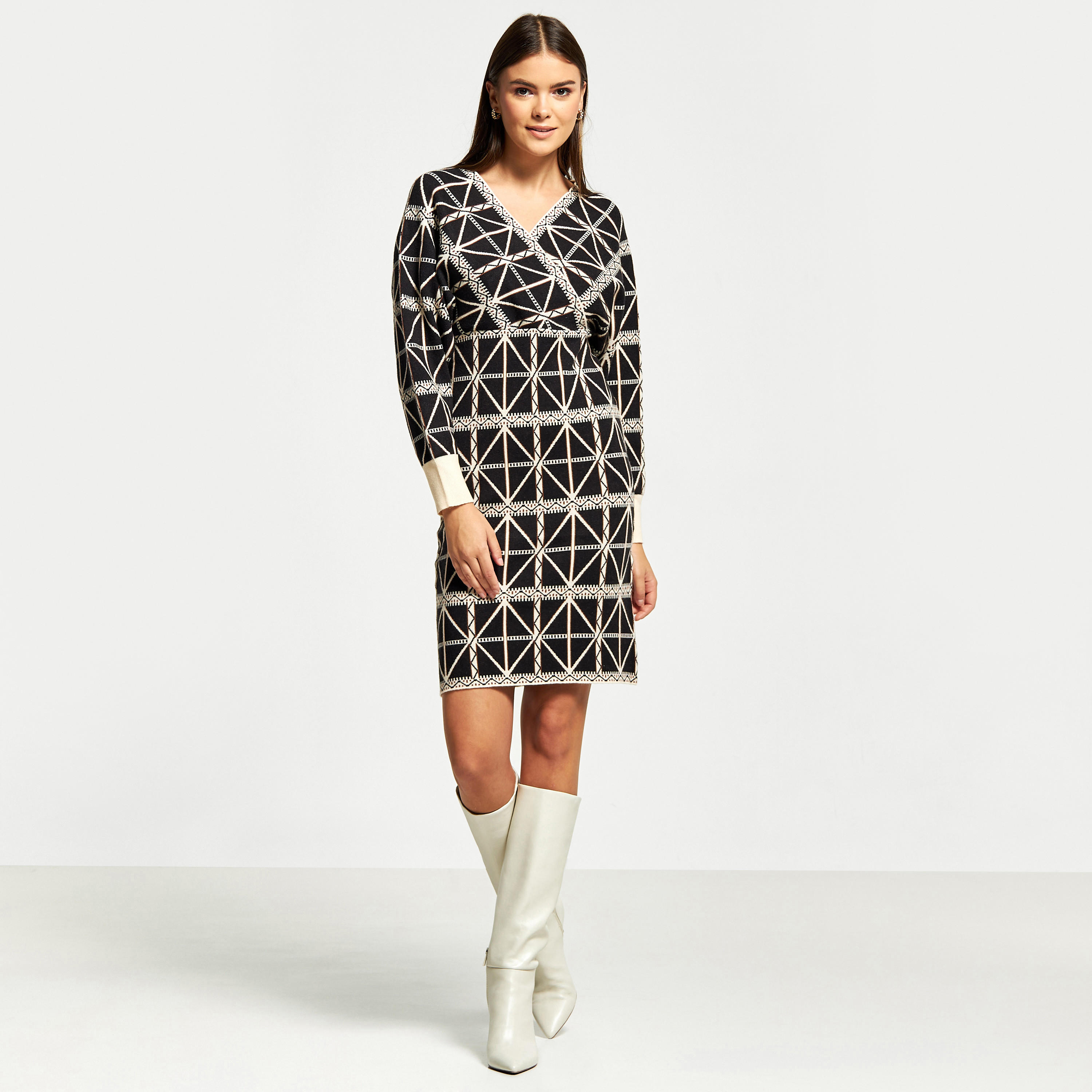 2Xtremz Printed V-neck Shift Dress with Long Sleeves-women-clothing-dresses-image-2