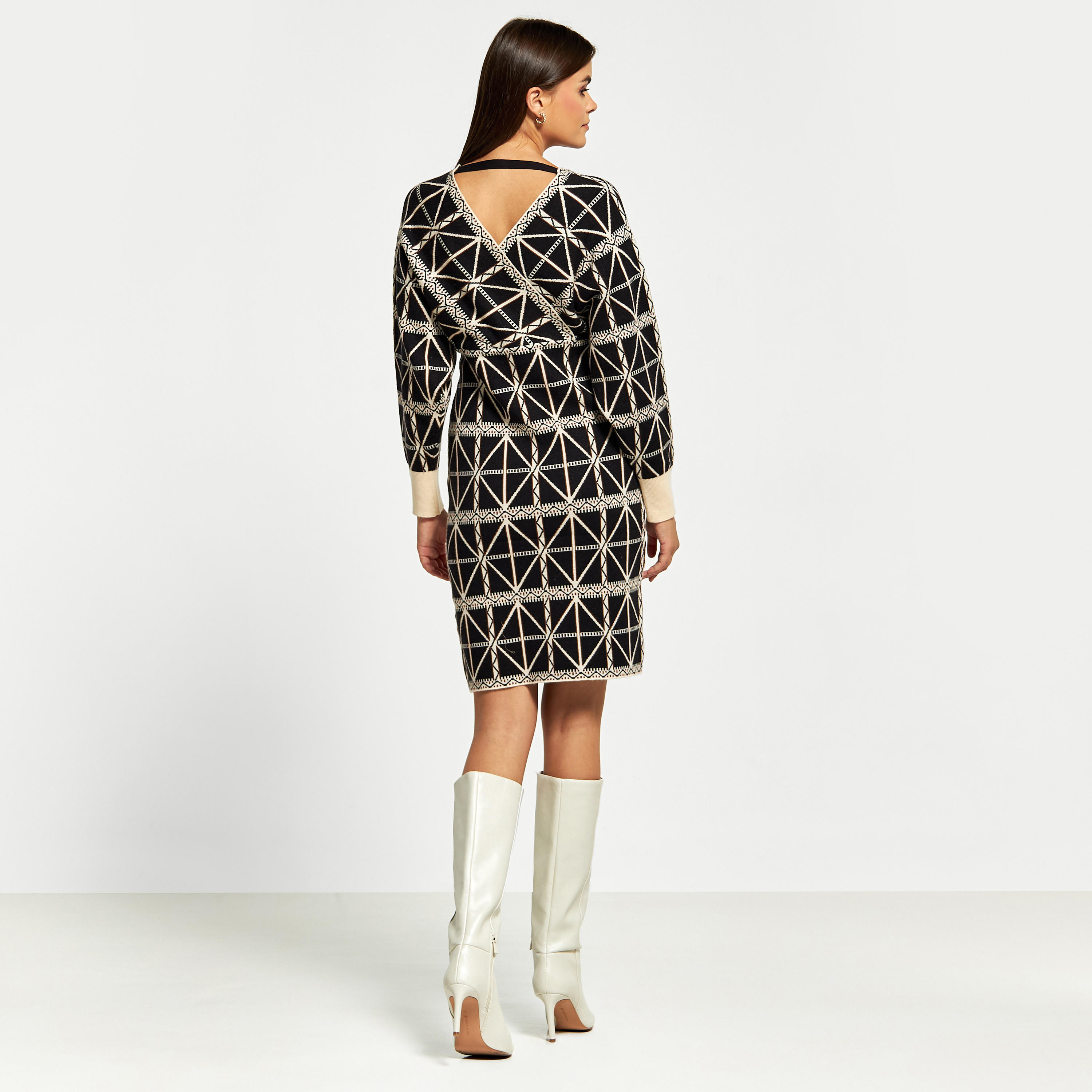 2Xtremz Printed V-neck Shift Dress with Long Sleeves-women-clothing-dresses-image-3