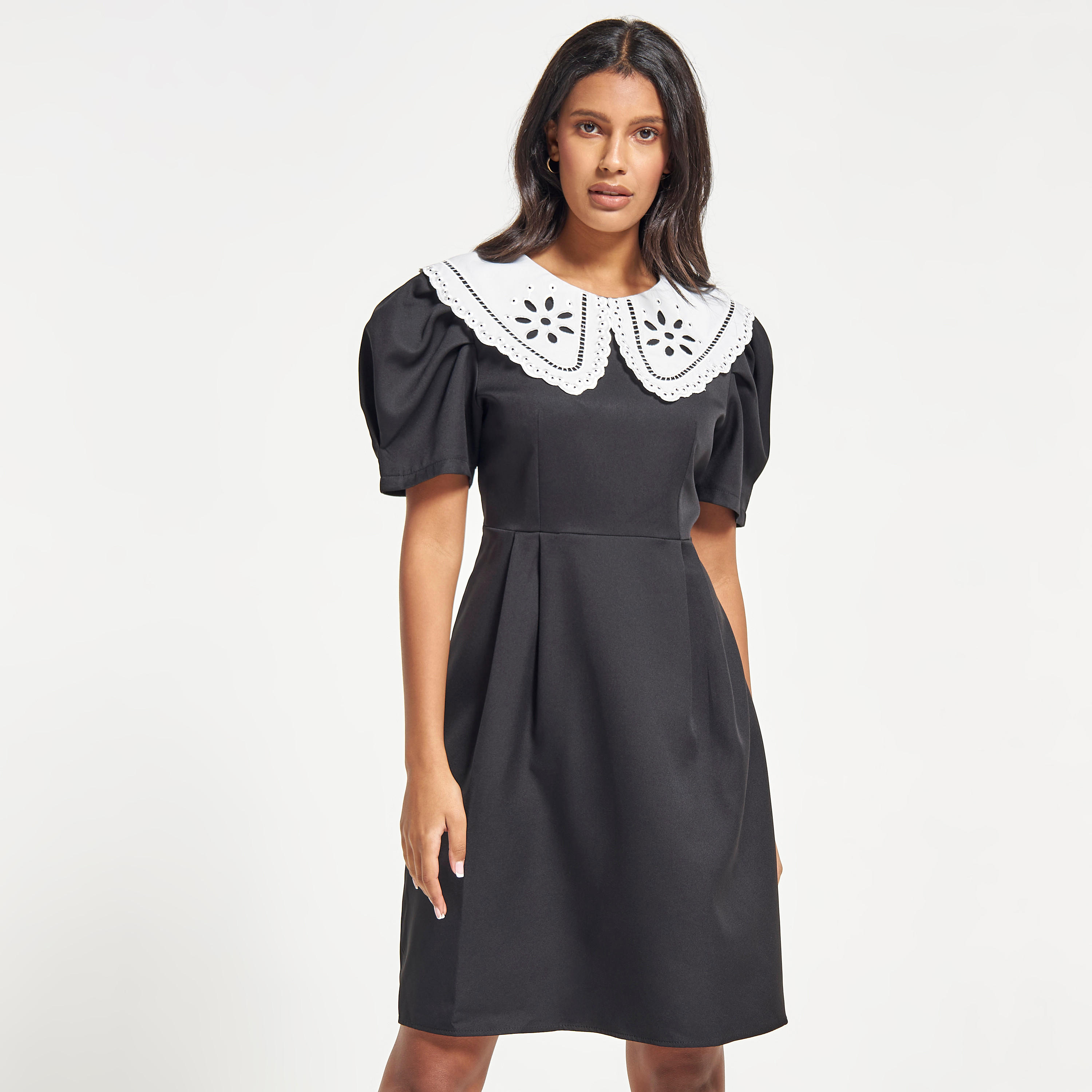 2Xtremz Solid A-line Dress with Peter Pan Collar and Puff Sleeves-women-clothing-dresses-image-1