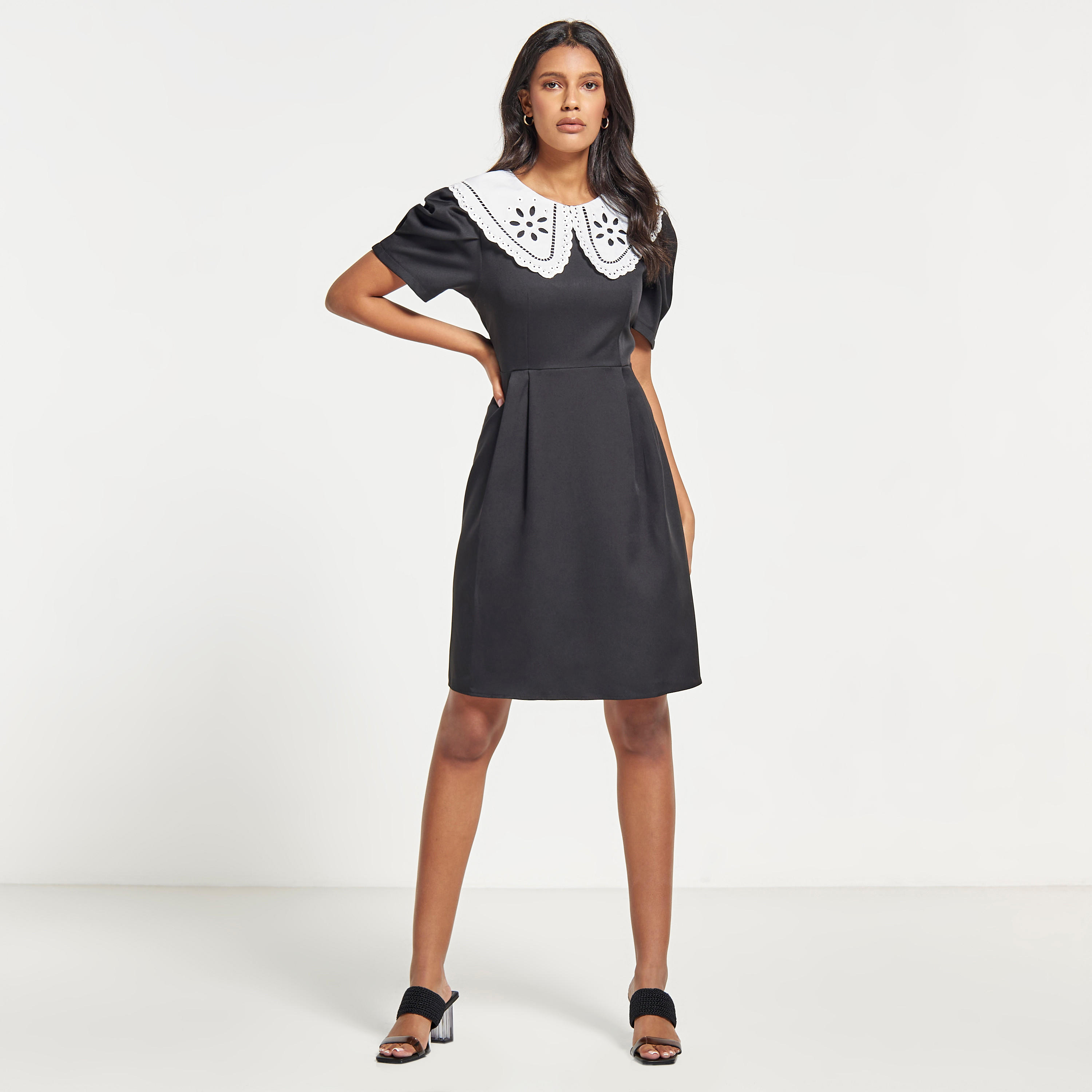 2Xtremz Solid A-line Dress with Peter Pan Collar and Puff Sleeves-women-clothing-dresses-image-2