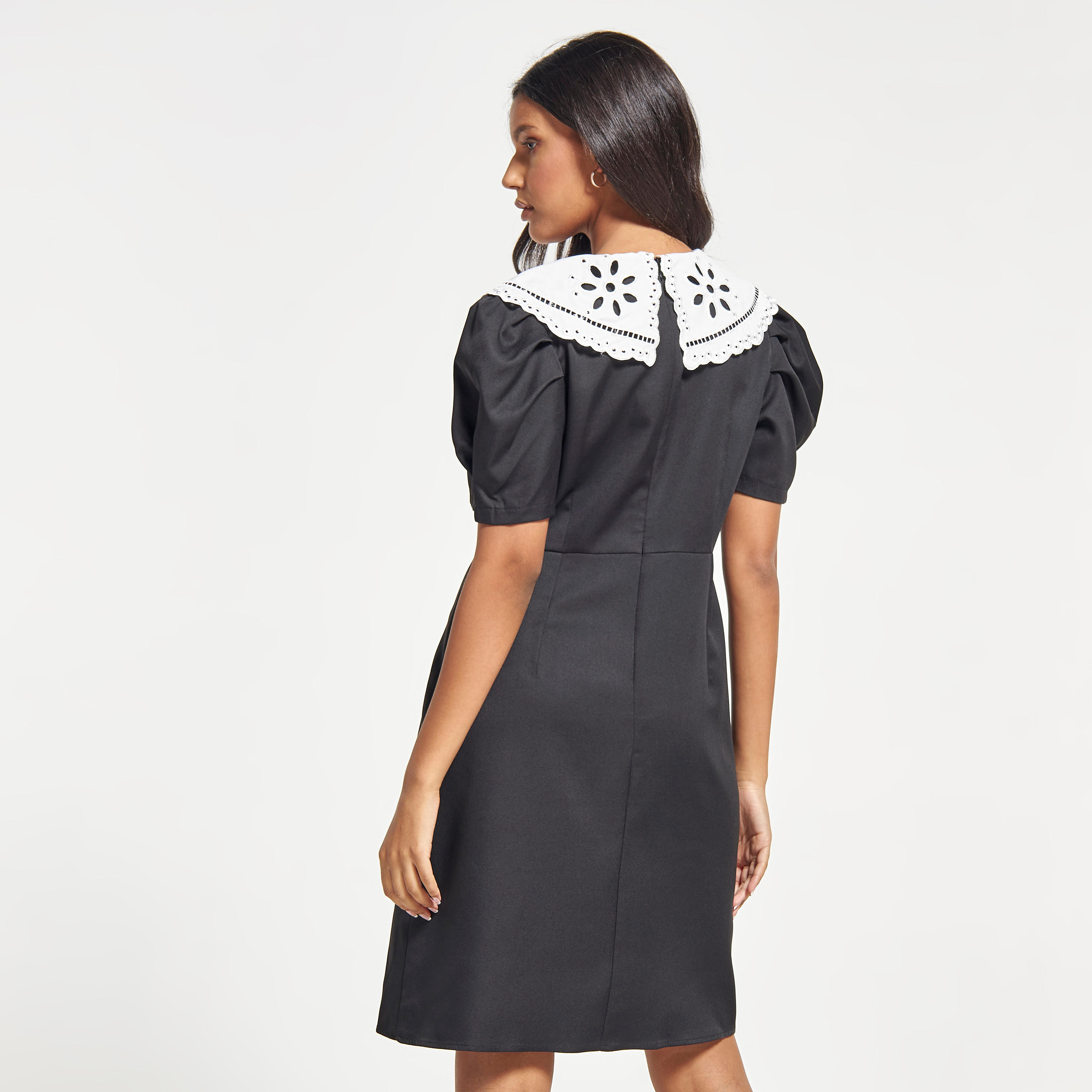 2Xtremz Solid A-line Dress with Peter Pan Collar and Puff Sleeves-women-clothing-dresses-image-3