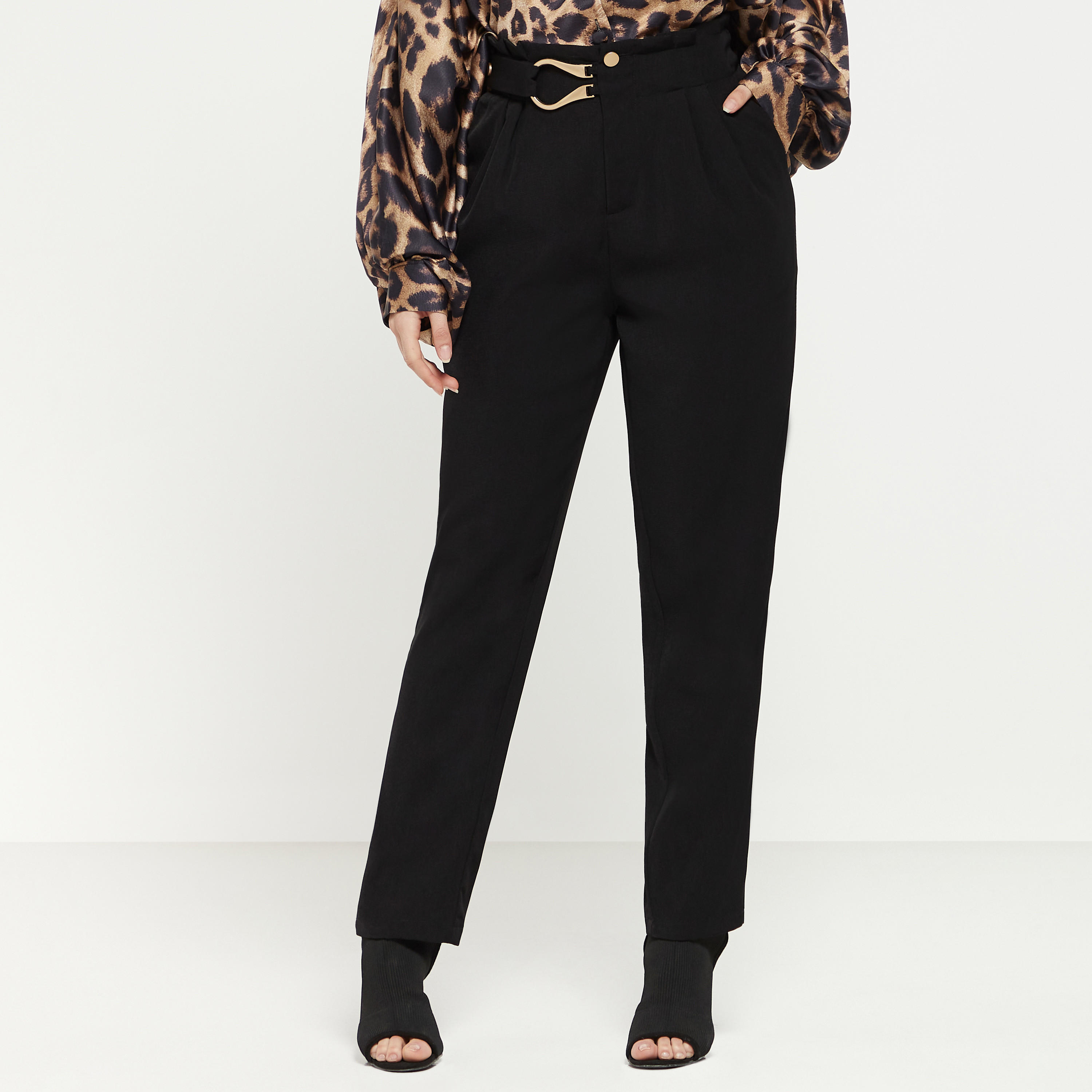 2Xtremz Solid Pant with Button Closure and Buckle Detail-women-clothing-bottoms-trousers-image-1