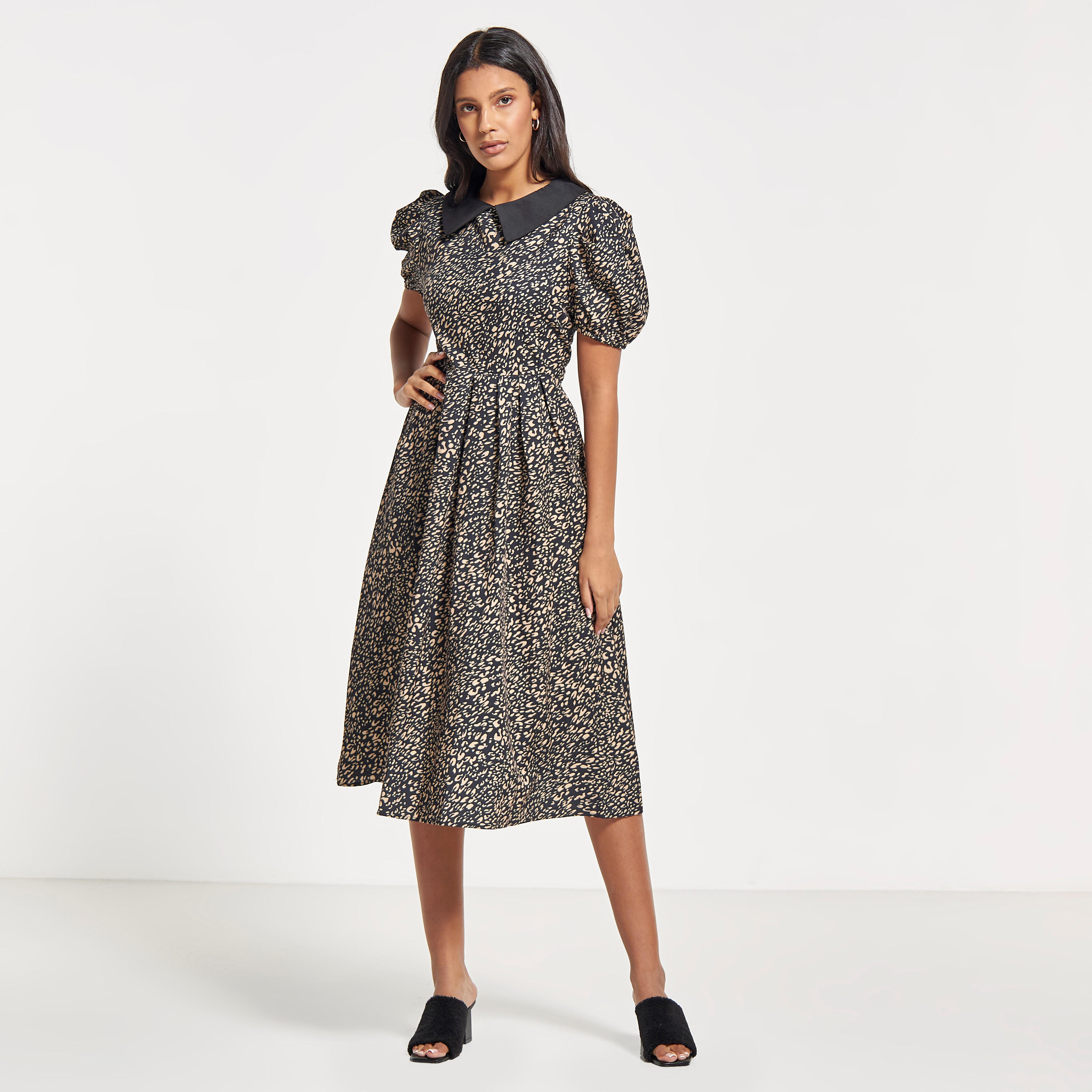 فستان قميص ميدي بياقة بيتر بان وأكمام منفوخة من توإكستريمز-women-clothing-dresses-image-1