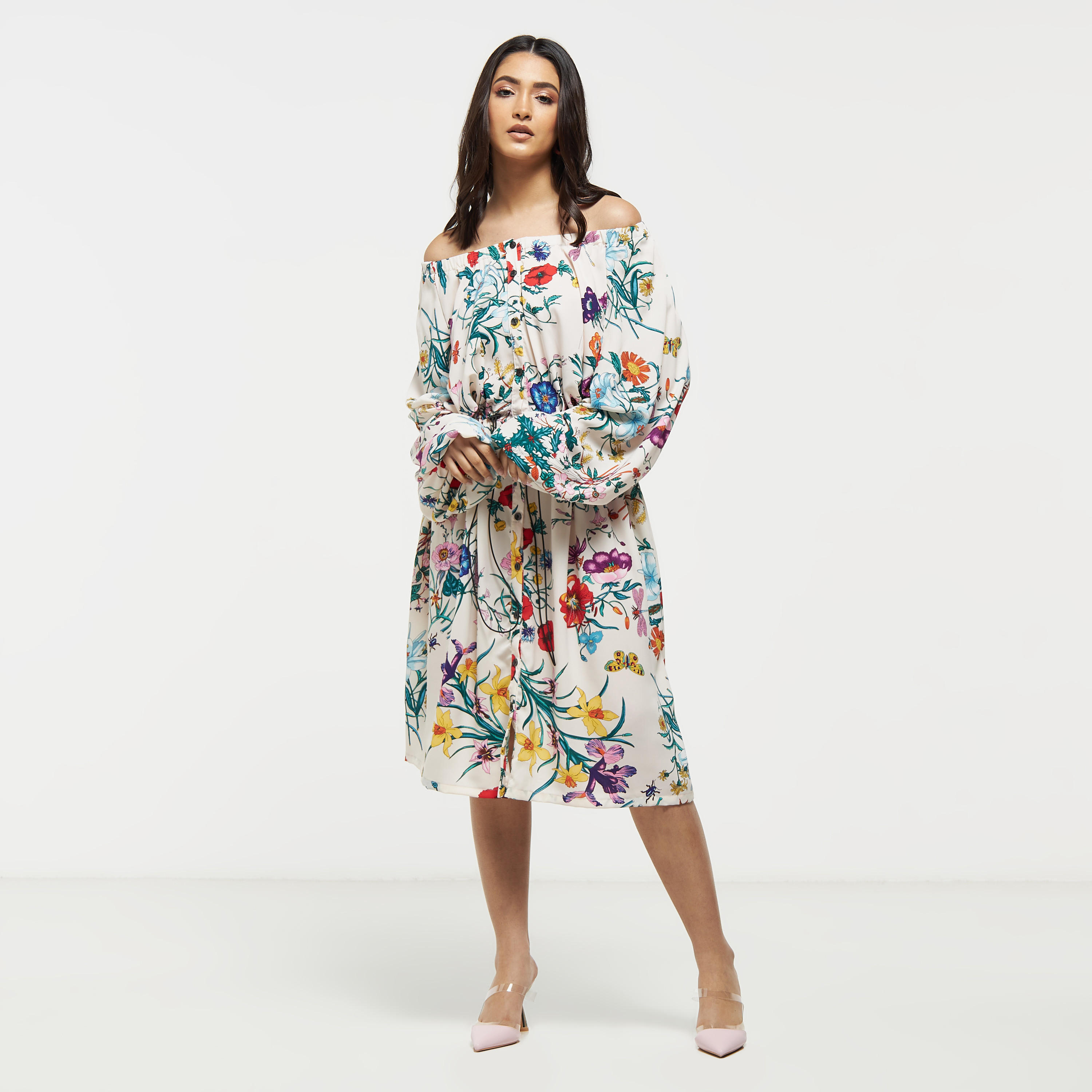 فستان ميدي مكشوف الأكتاف بطبعات أزهار من تو إكستريمز-women-clothing-dresses-image-1