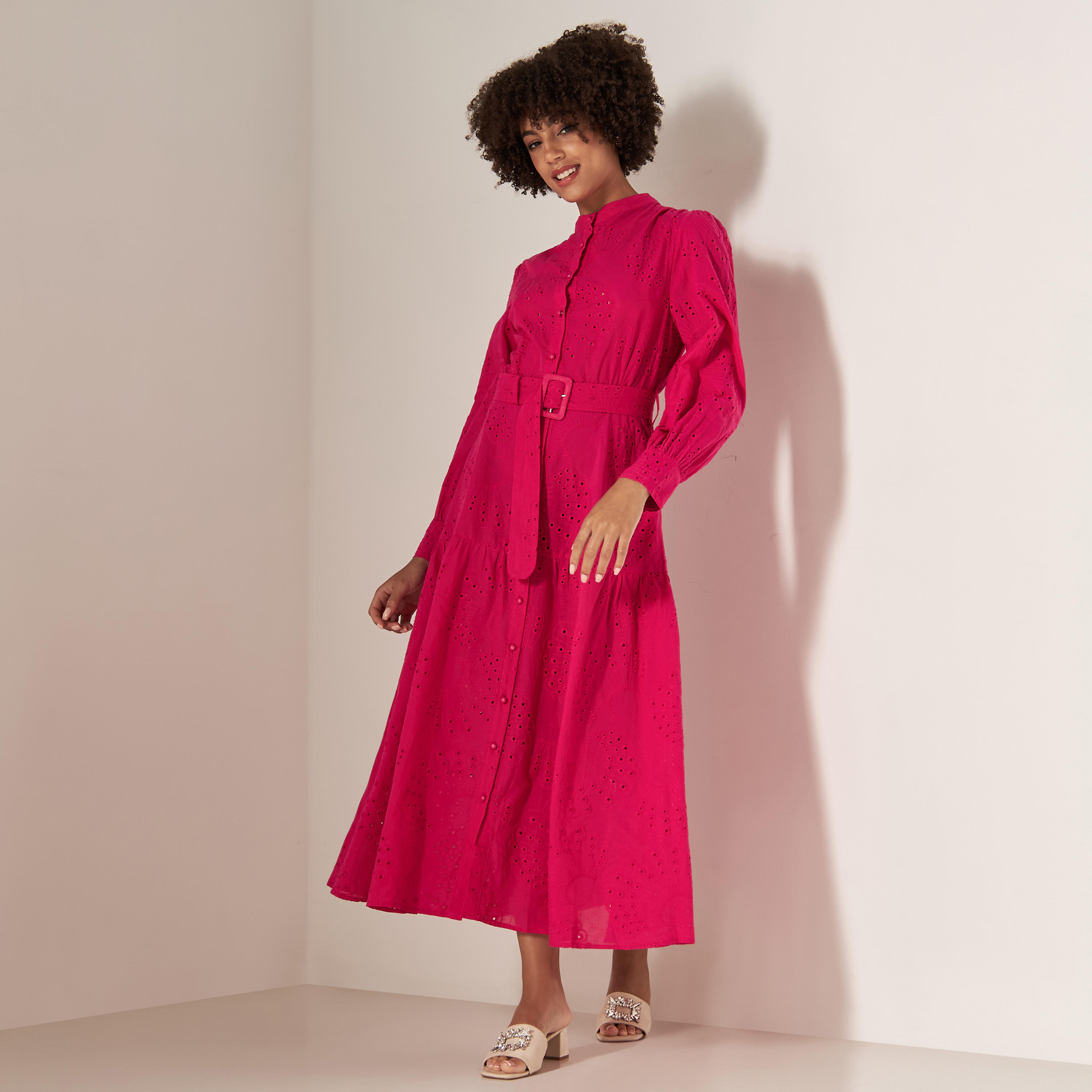 2Xtremz Schiffli Maxi Shirt Dress with Belt and Long Sleeves-women-clothing-dresses-image-1