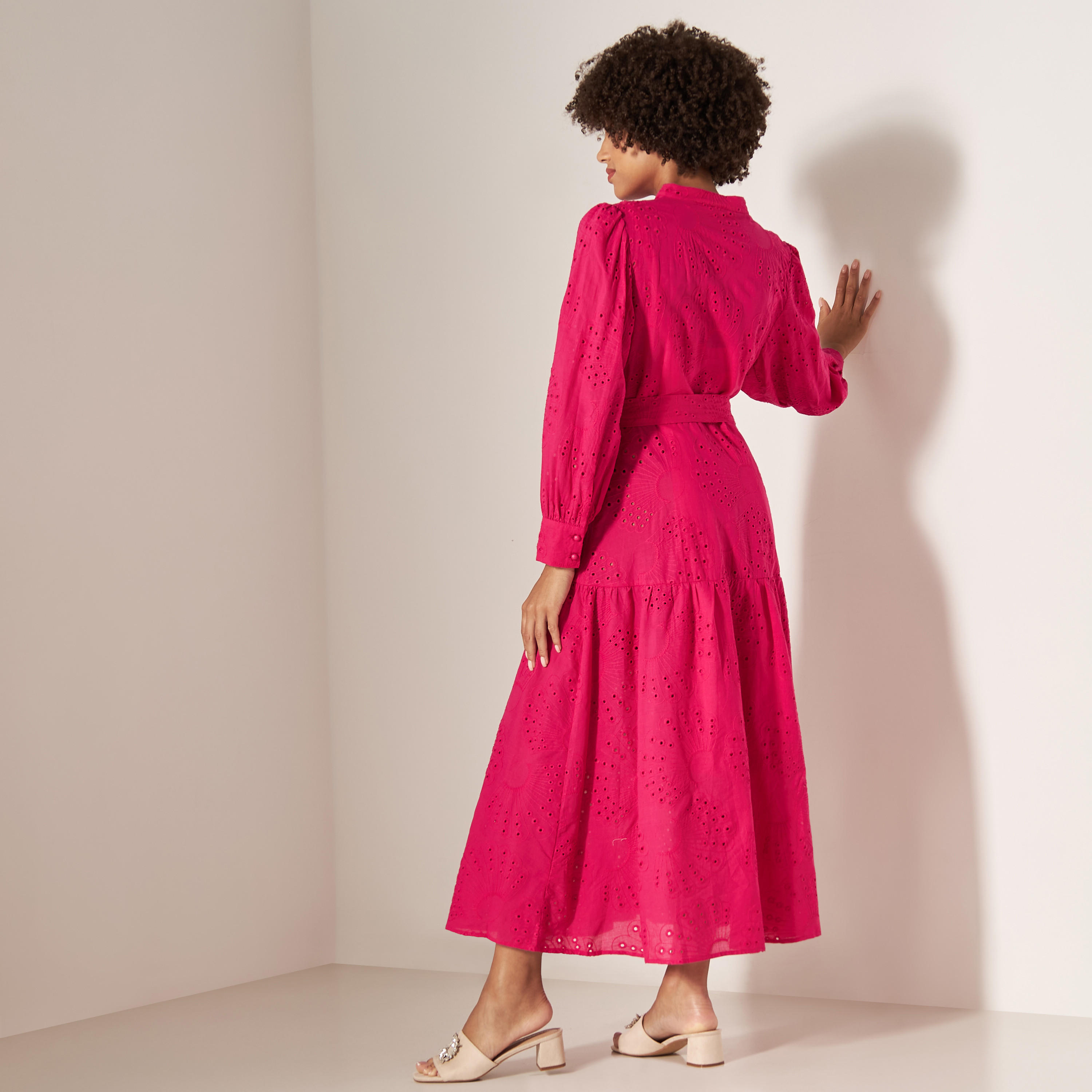 2Xtremz Schiffli Maxi Shirt Dress with Belt and Long Sleeves-women-clothing-dresses-image-3