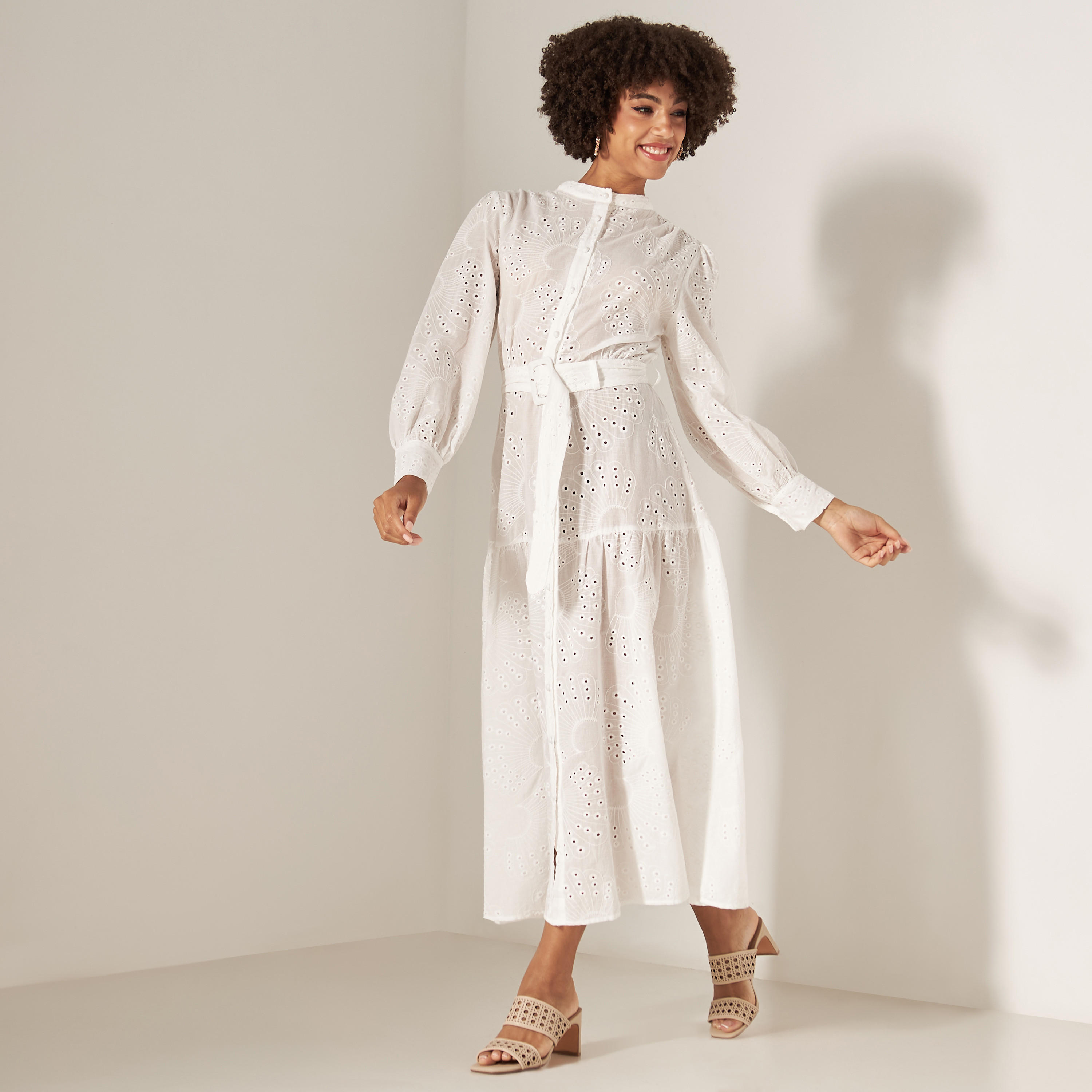 2Xtremz Schiffli Maxi Shirt Dress with Belt and Long Sleeves-women-clothing-dresses-image-5
