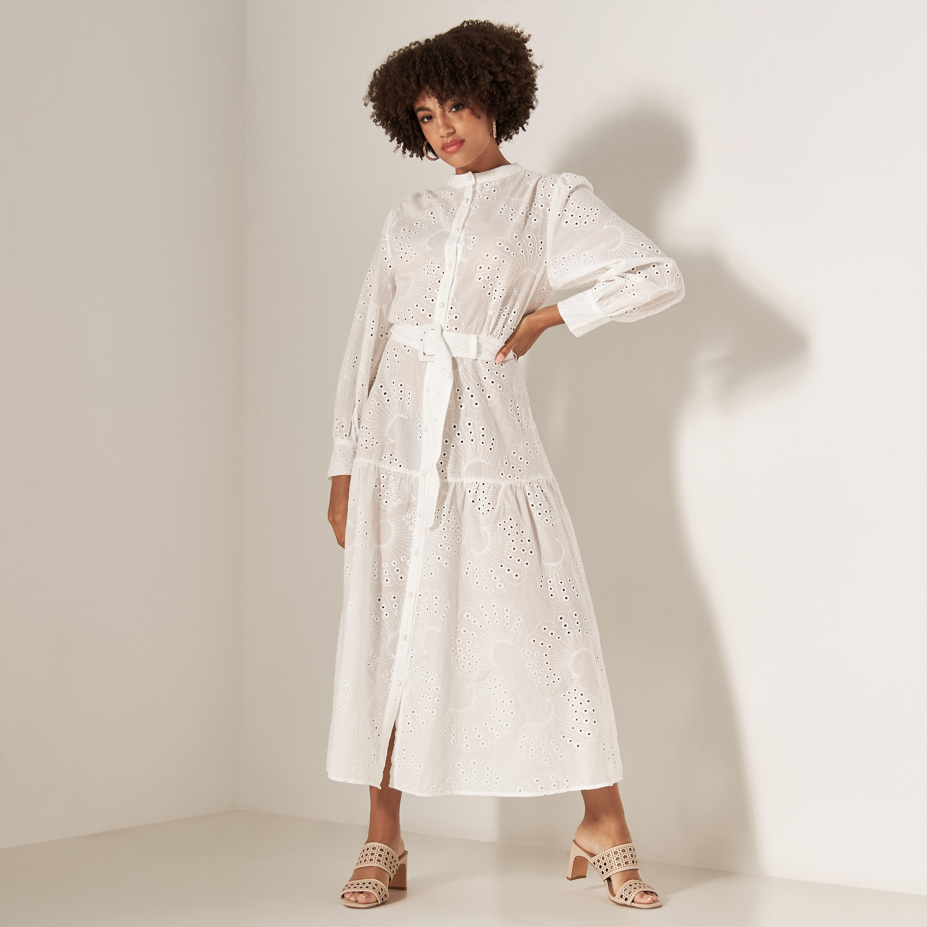 2Xtremz Schiffli Maxi Shirt Dress with Belt and Long Sleeves-women-clothing-dresses-image-6