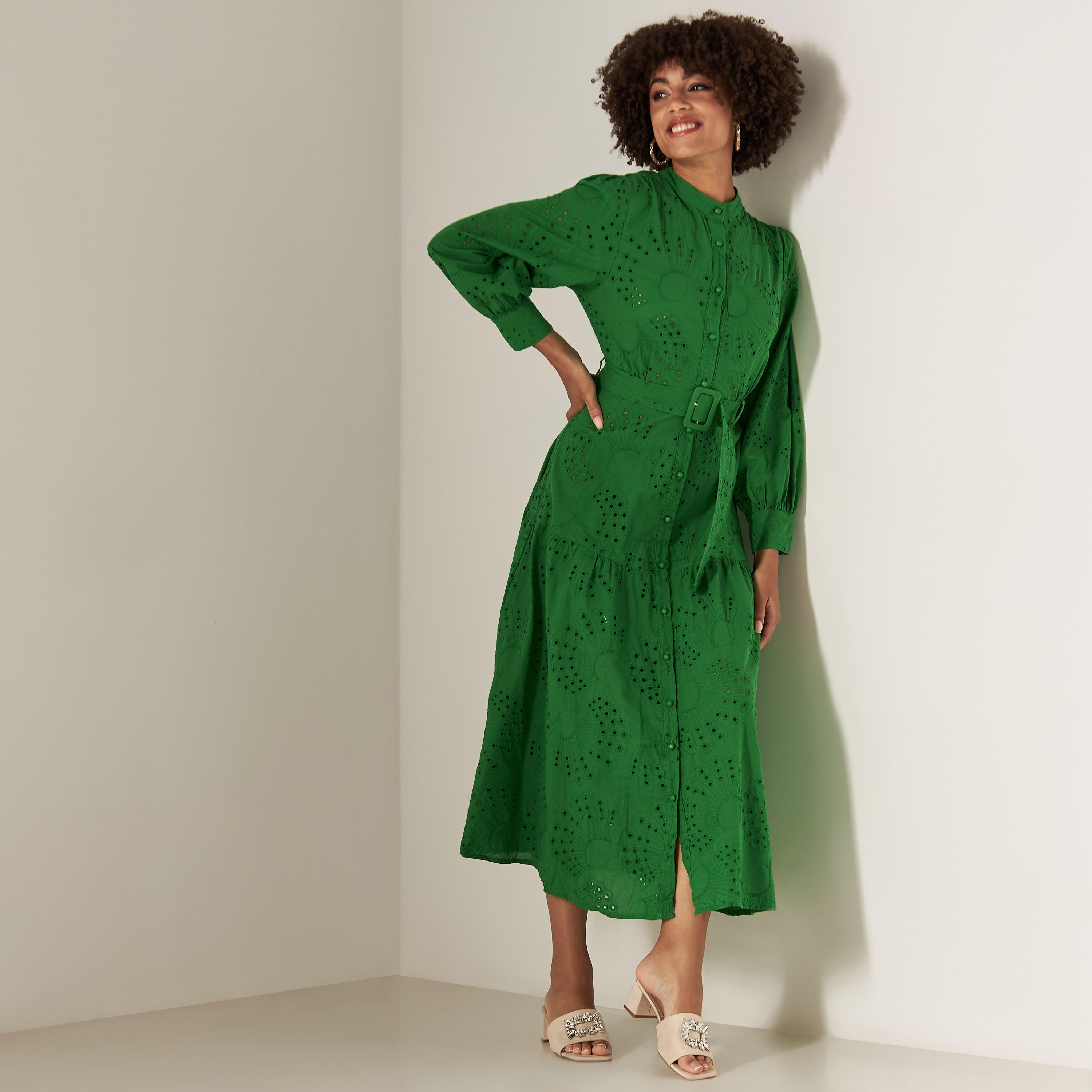 2Xtremz Schiffli Maxi Shirt Dress with Belt and Long Sleeves-women-clothing-dresses-image-9