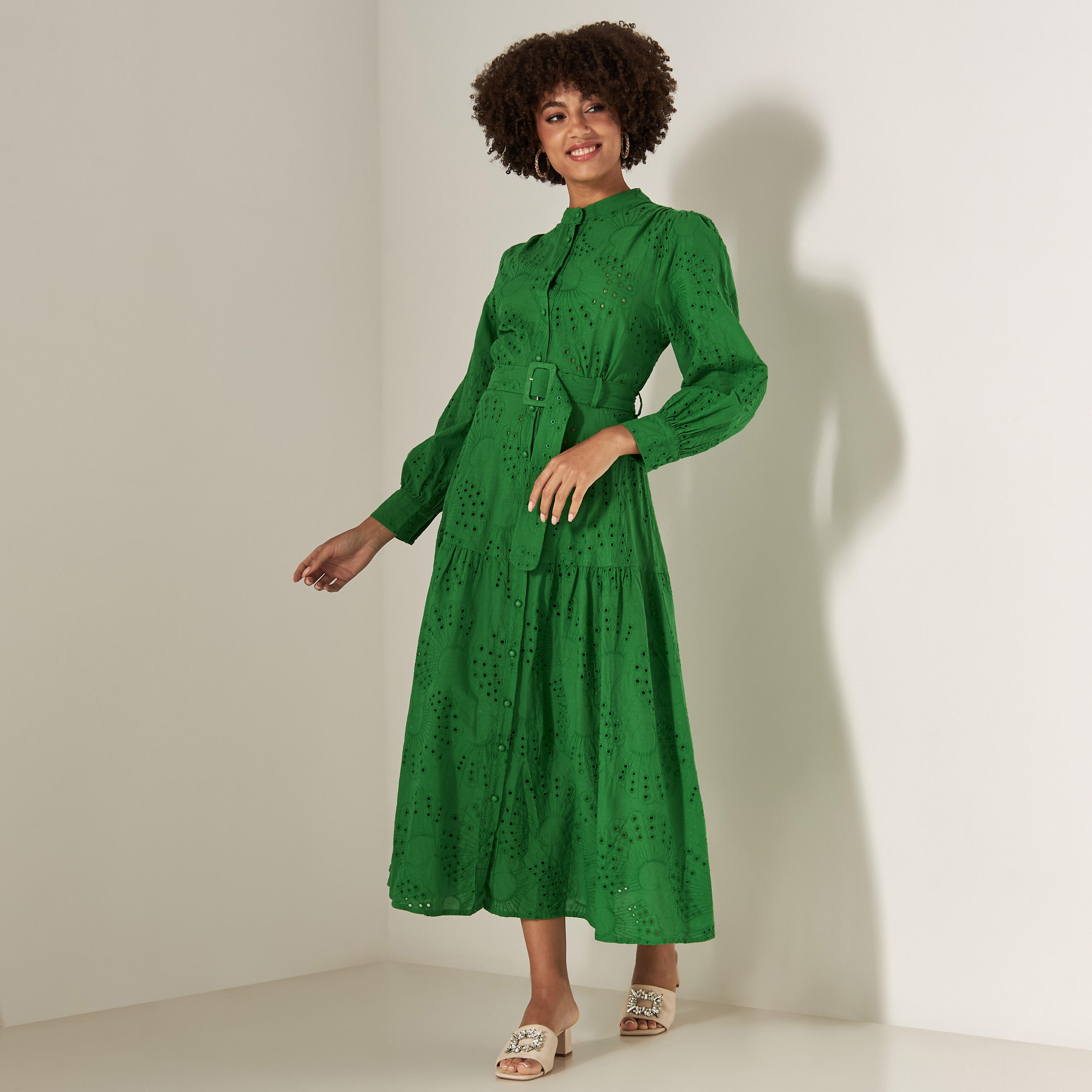 2Xtremz Schiffli Maxi Shirt Dress with Belt and Long Sleeves-women-clothing-dresses-image-10