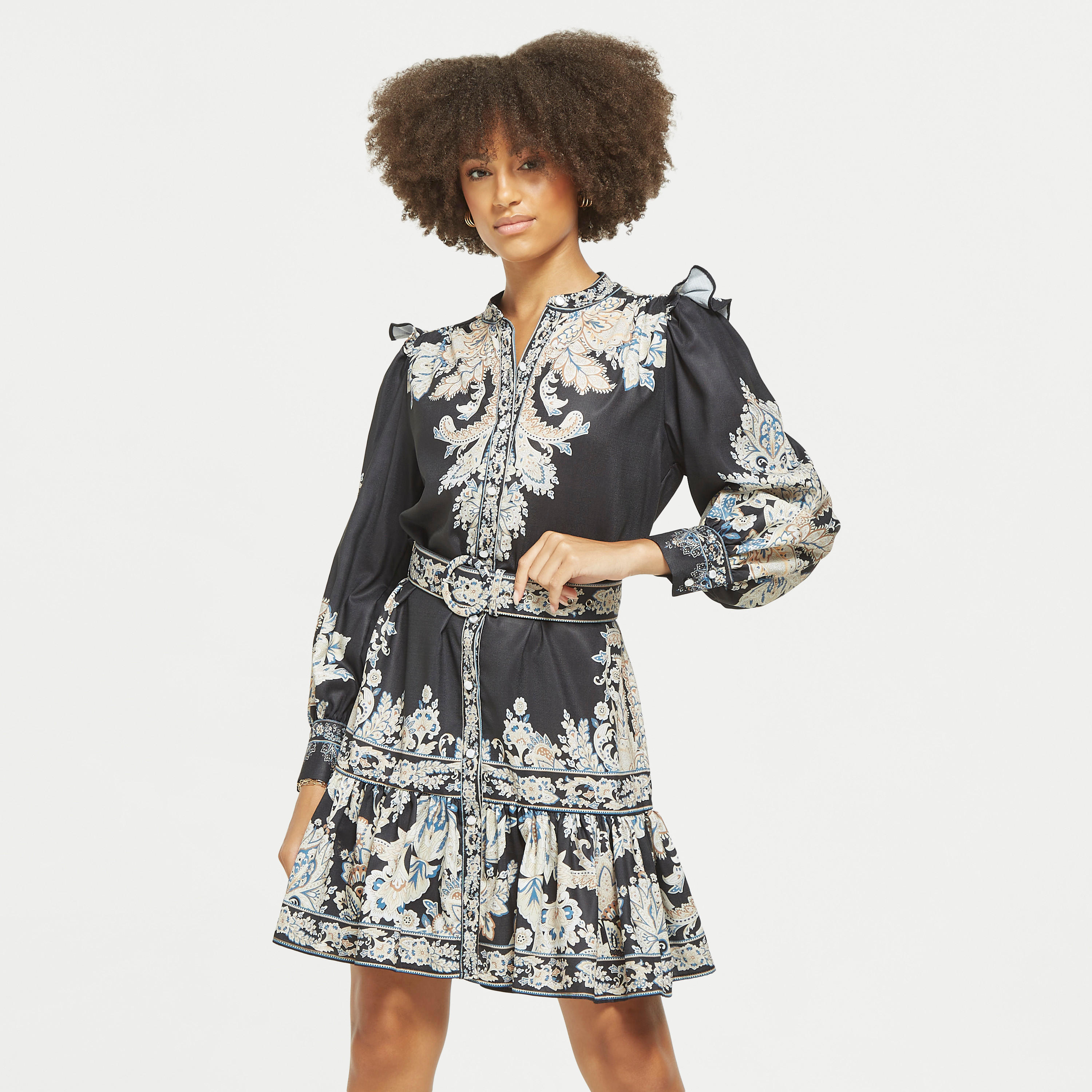 2Xtremz All-Over Print Shirt Dress with Belt and Ruffles-women-clothing-dresses-image-1