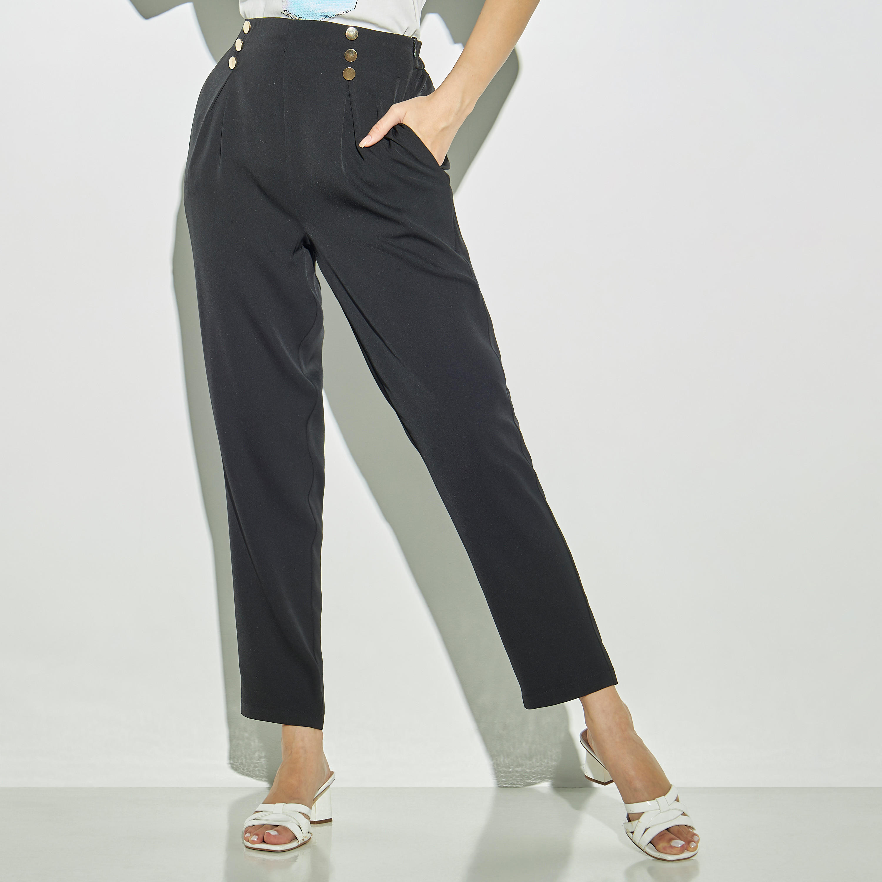2Xtremz Button Accented Trousers with Zip Closure and Pockets-women-clothing-bottoms-trousers-image-1