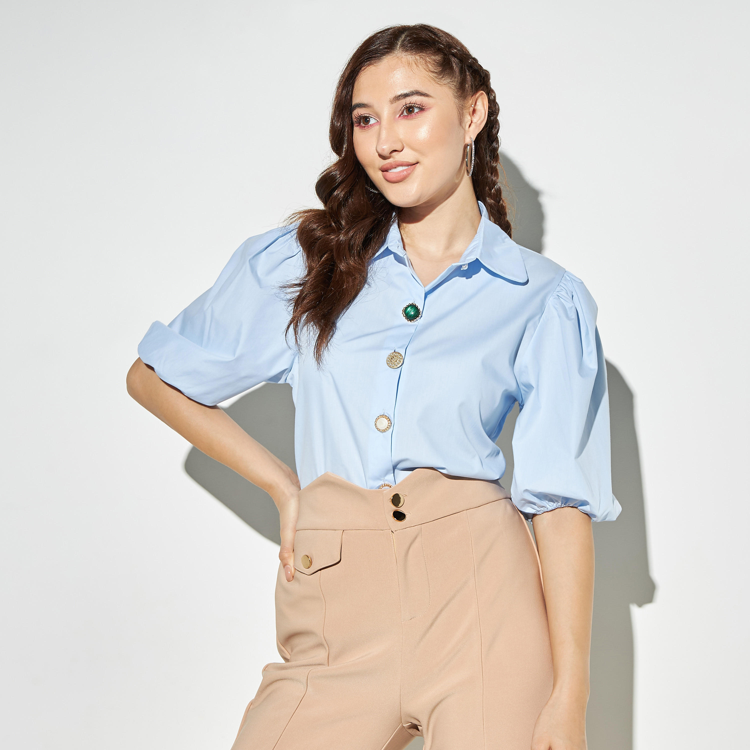 قميص سادة بأزار مزخرفة وأكمام منفوخة من تو إكستريمز-women-clothing-shirtsandblouses-shirts-image-1