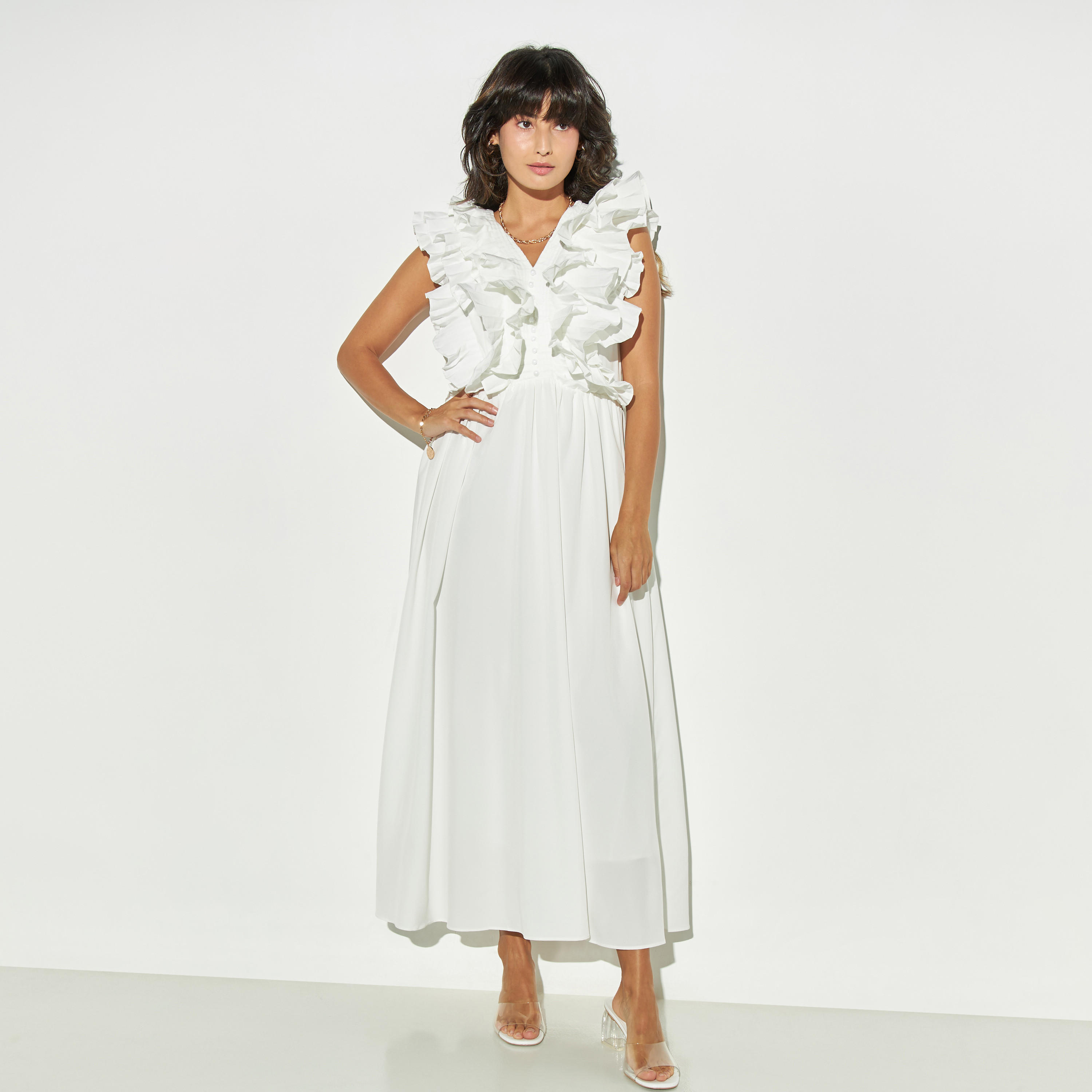 فستان طويل دون أكمام بياقة v وكشكش من تو إكستريمز-women-clothing-dresses-image-1