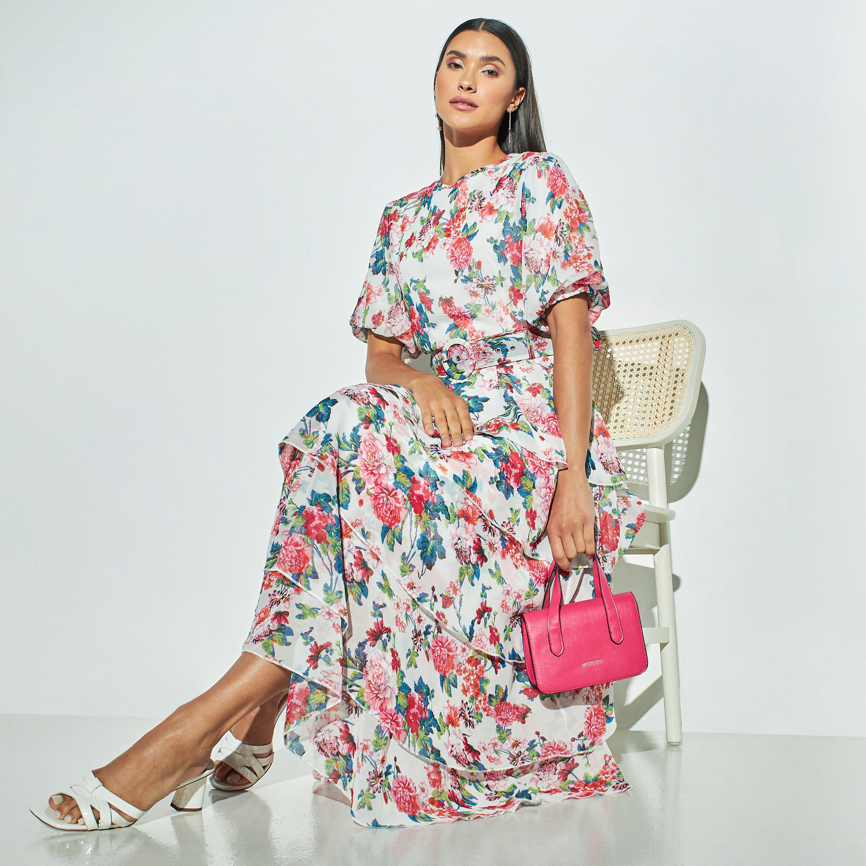 2Xtremz All-Over Floral Print Dress with Belt and Balloon Sleeves-women-clothing-dresses-image-1