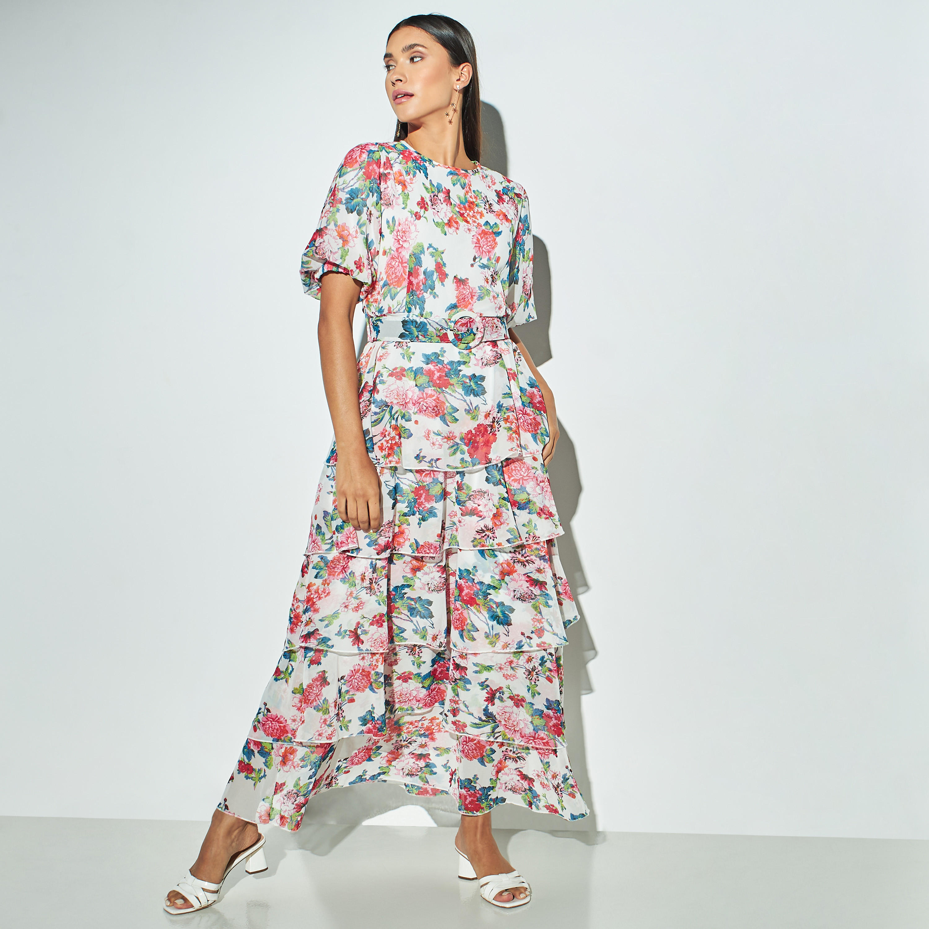 2Xtremz All-Over Floral Print Dress with Belt and Balloon Sleeves-women-clothing-dresses-image-2