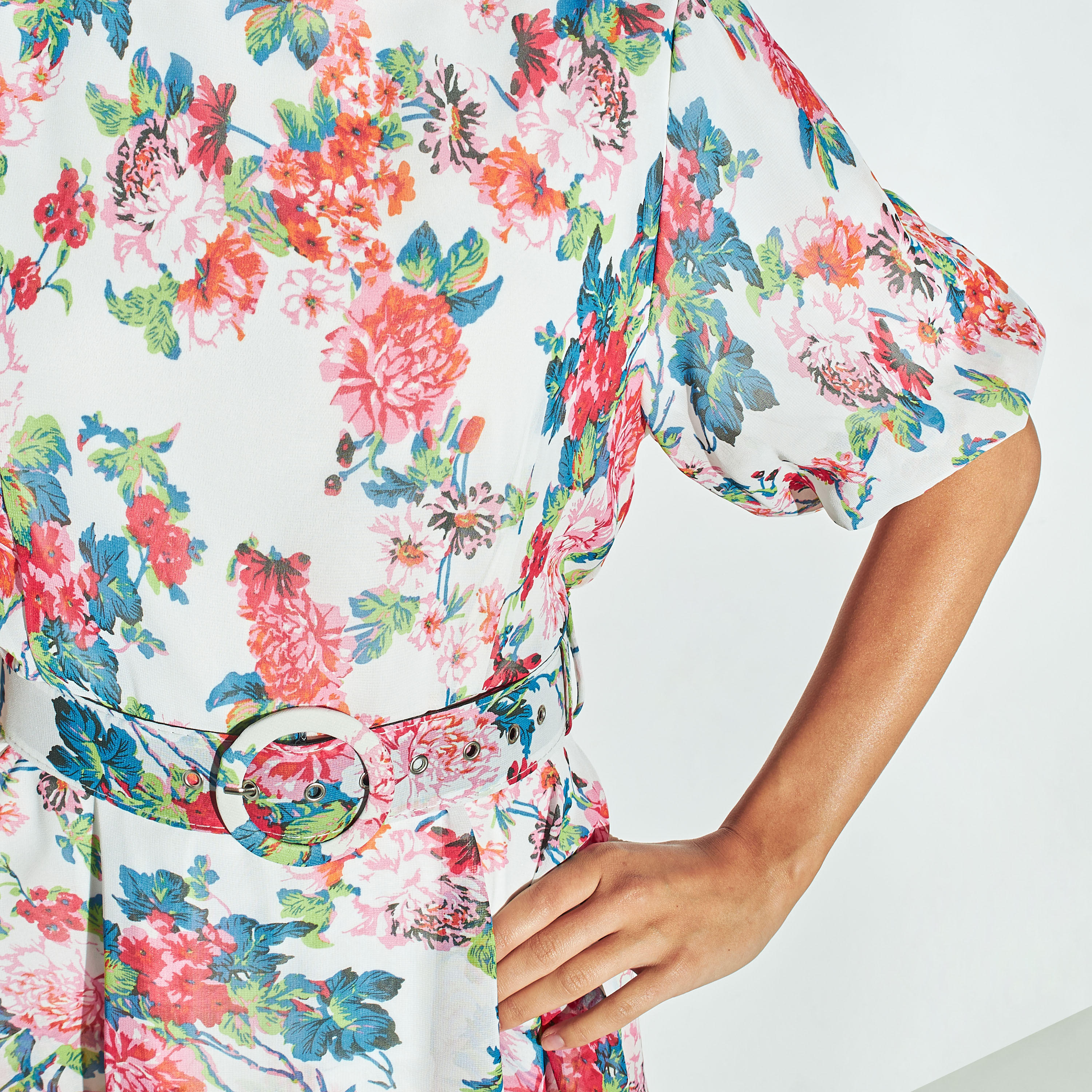 2Xtremz All-Over Floral Print Dress with Belt and Balloon Sleeves-women-clothing-dresses-image-3