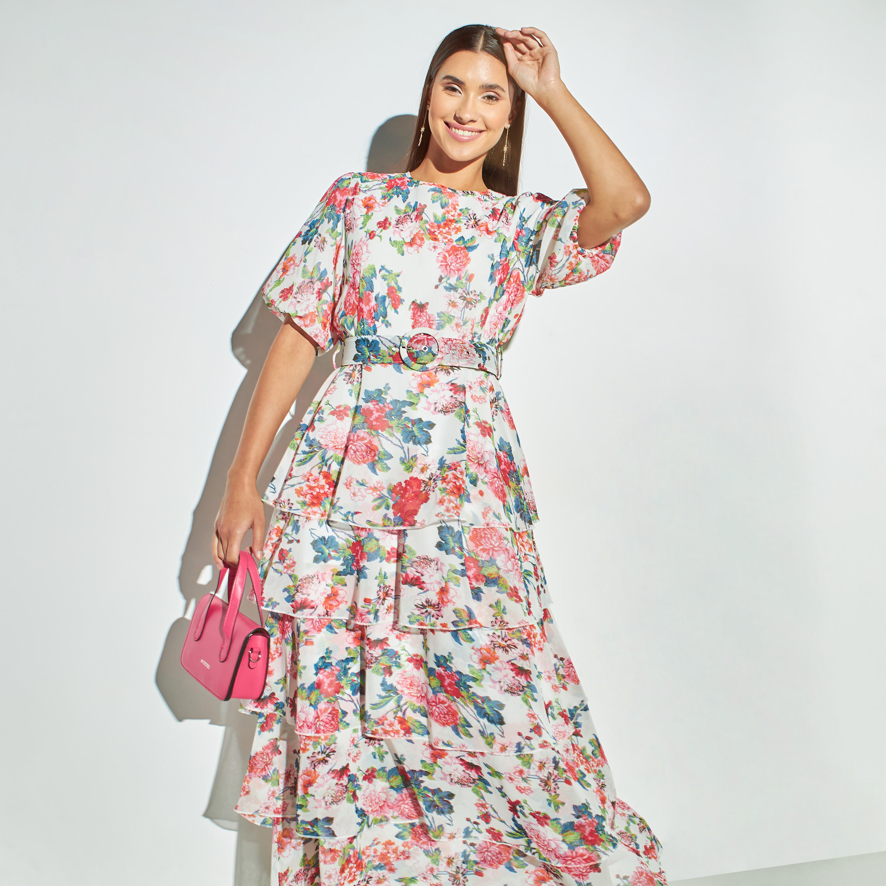 2Xtremz All-Over Floral Print Dress with Belt and Balloon Sleeves-women-clothing-dresses-image-5