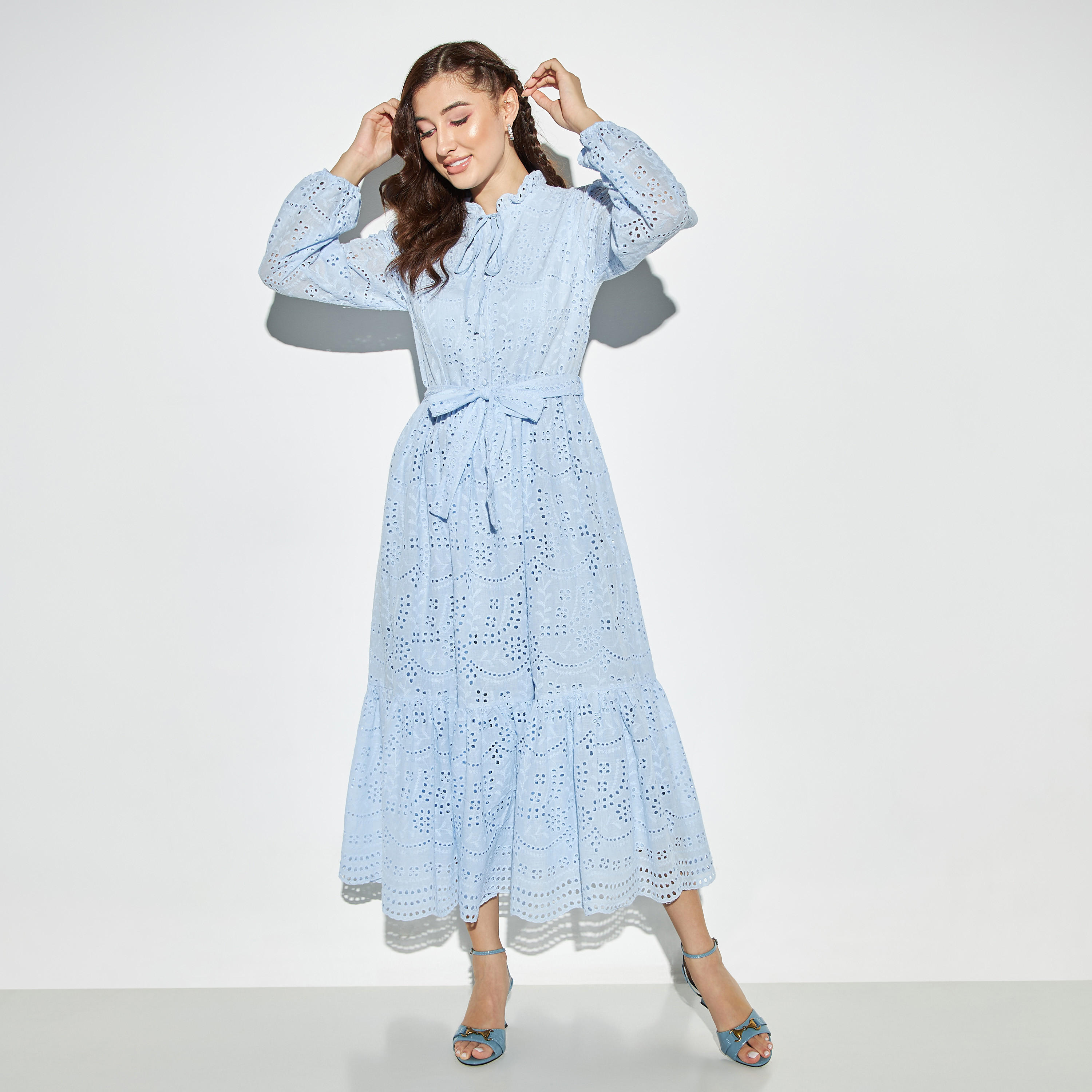2Xtremz Broderie A-line Maxi Dress with Belt and Neck Tie-Up-women-clothing-dresses-image-1