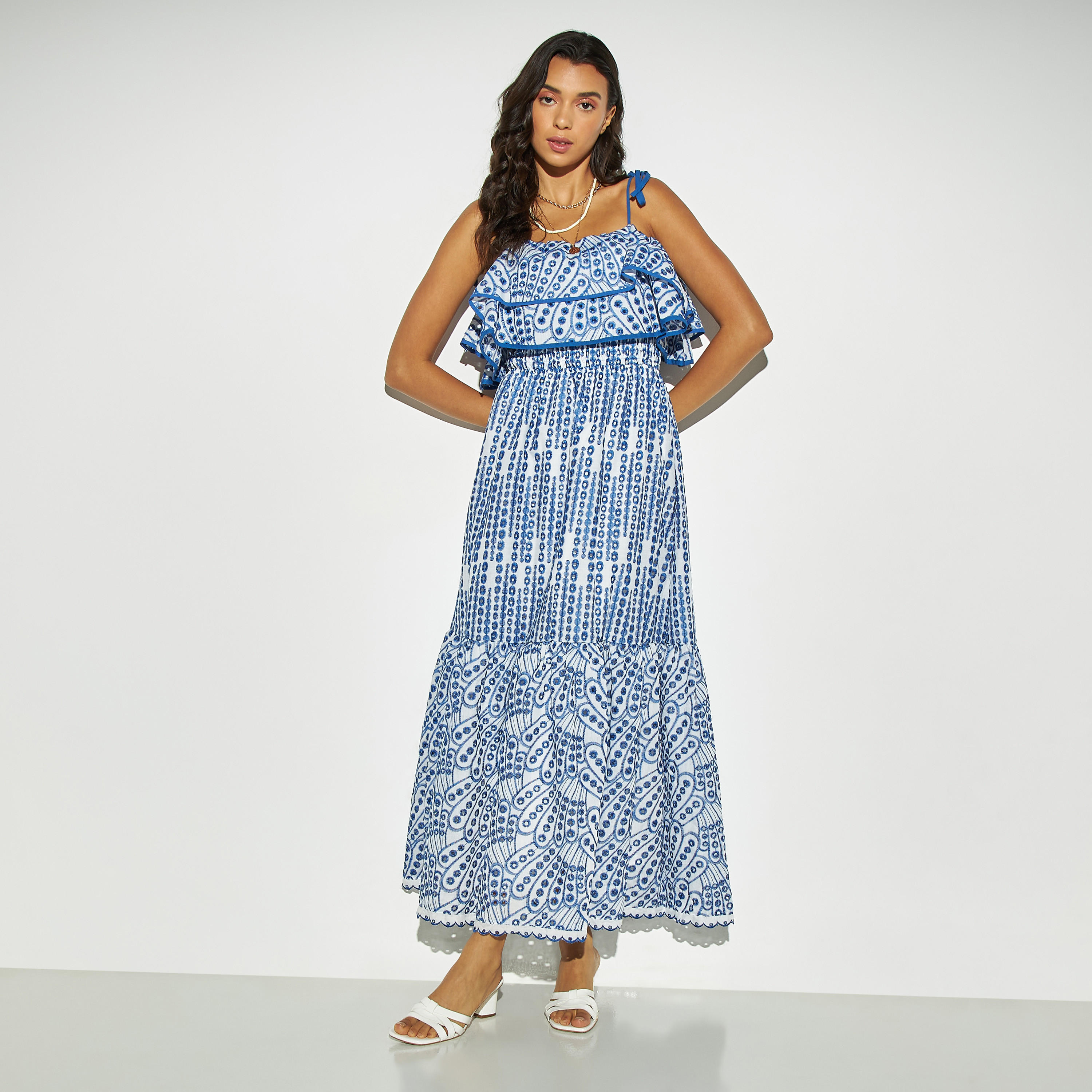 فستان طويل شيفلي دون أكمام بكشكش وأربطة من توأكستريمز-women-clothing-dresses-image-1