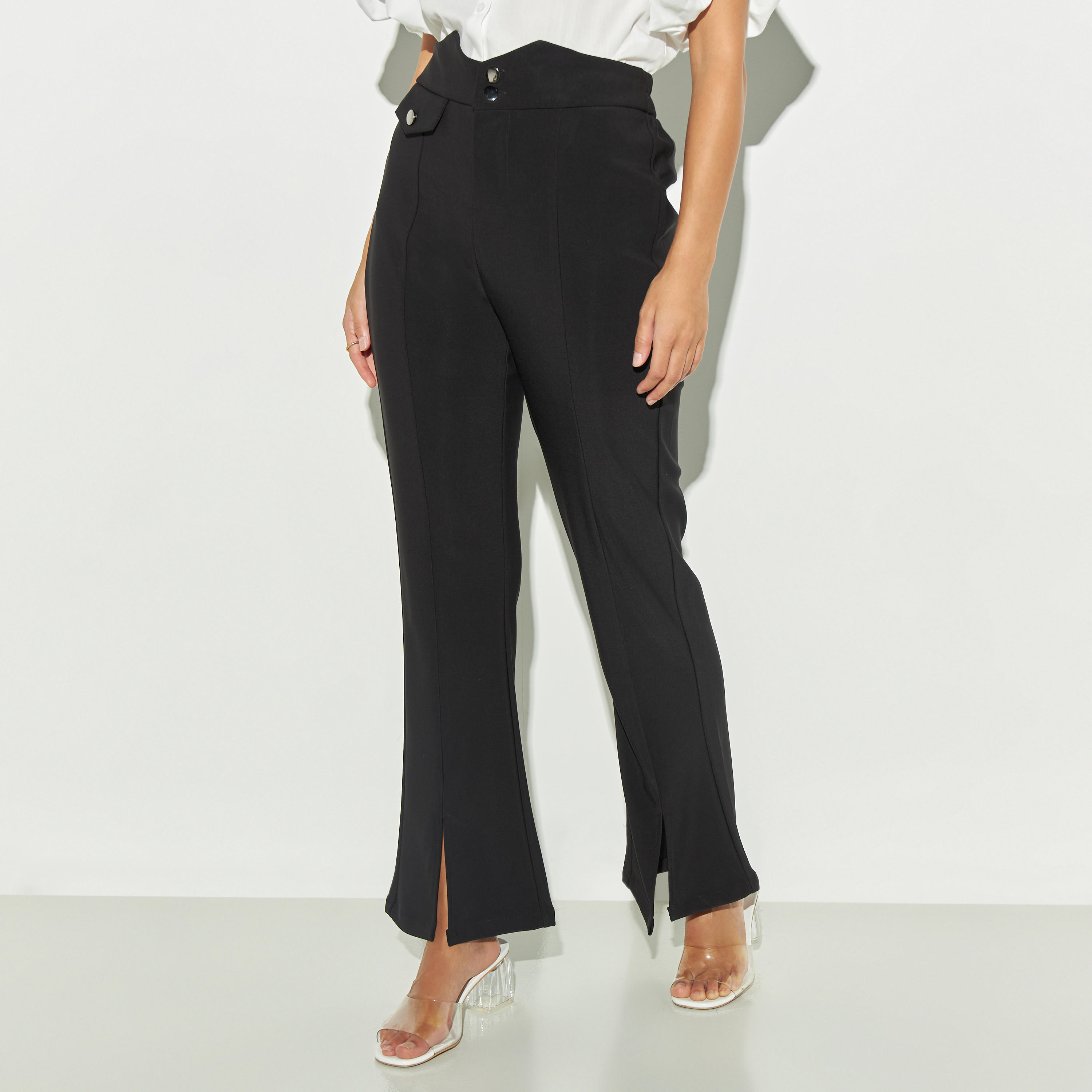 بنطلون واسع سادة بزر إغلاق وفتحات من تو إكستريمز-women-clothing-bottoms-trousers-image-1