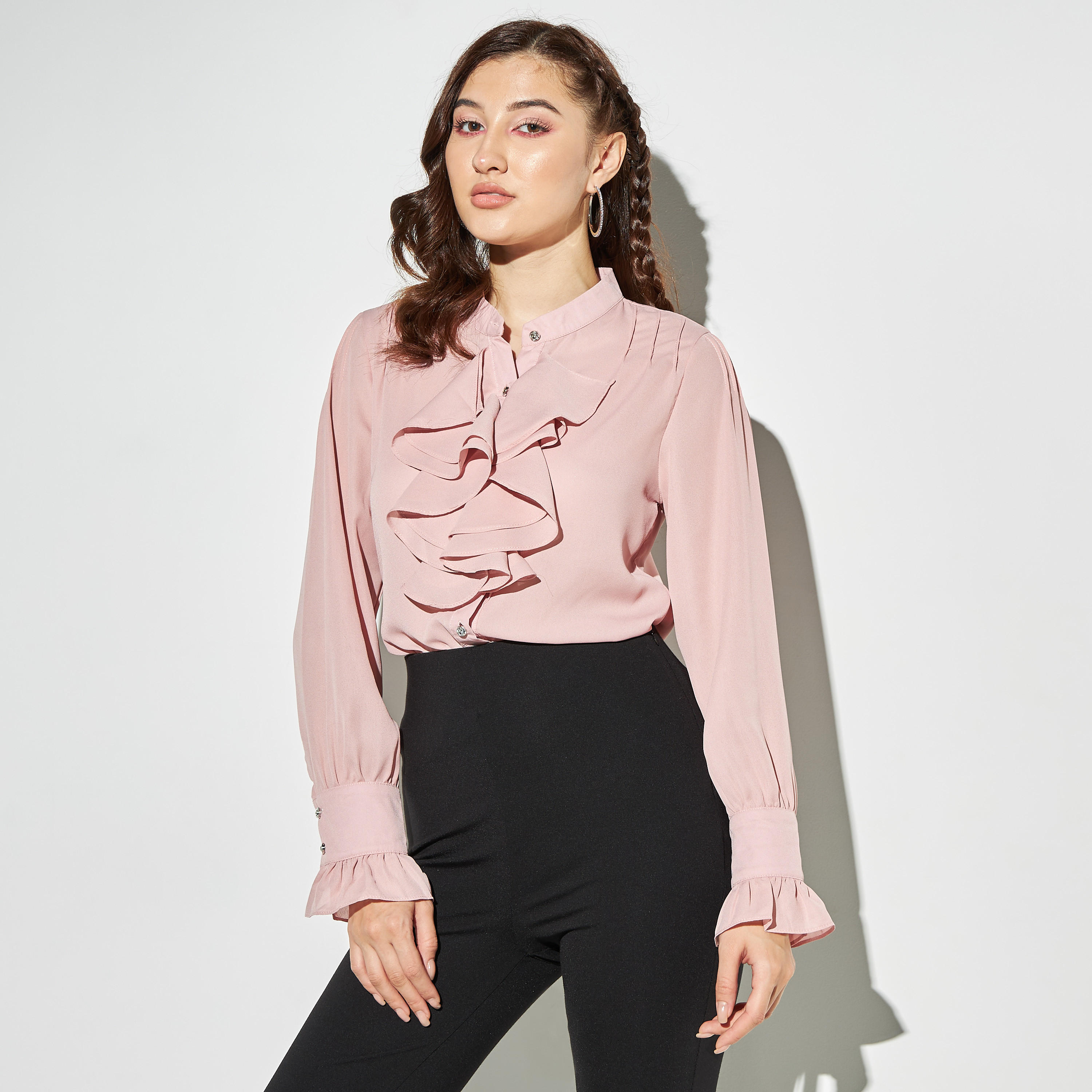 بلوزة بطبعات وياقة ماندارين وأكمام طويلة من تو إكستريمز-women-clothing-shirtsandblouses-blouses-image-1