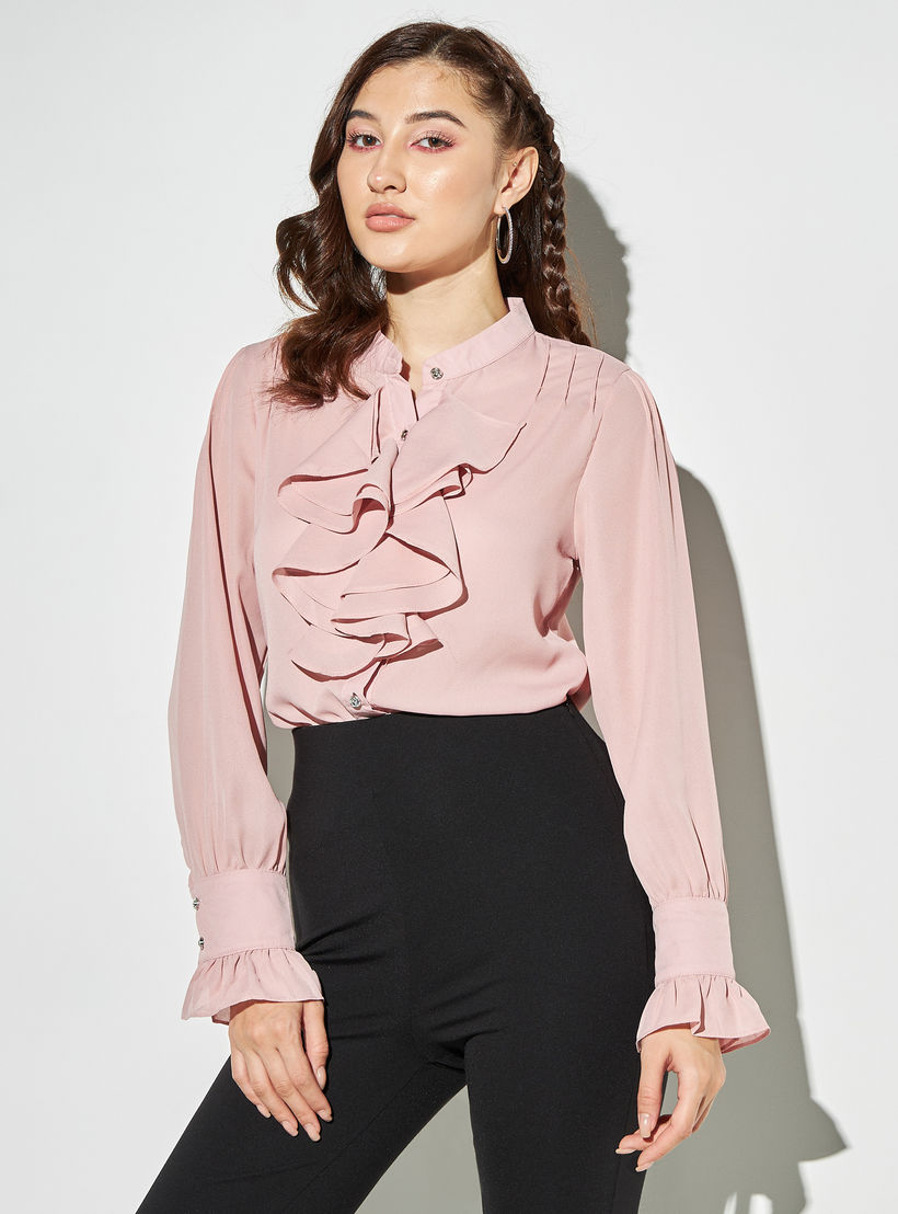 بلوزة بطبعات وياقة ماندارين وأكمام طويلة من تو إكستريمز-women-clothing-shirtsandblouses-blouses-image-1