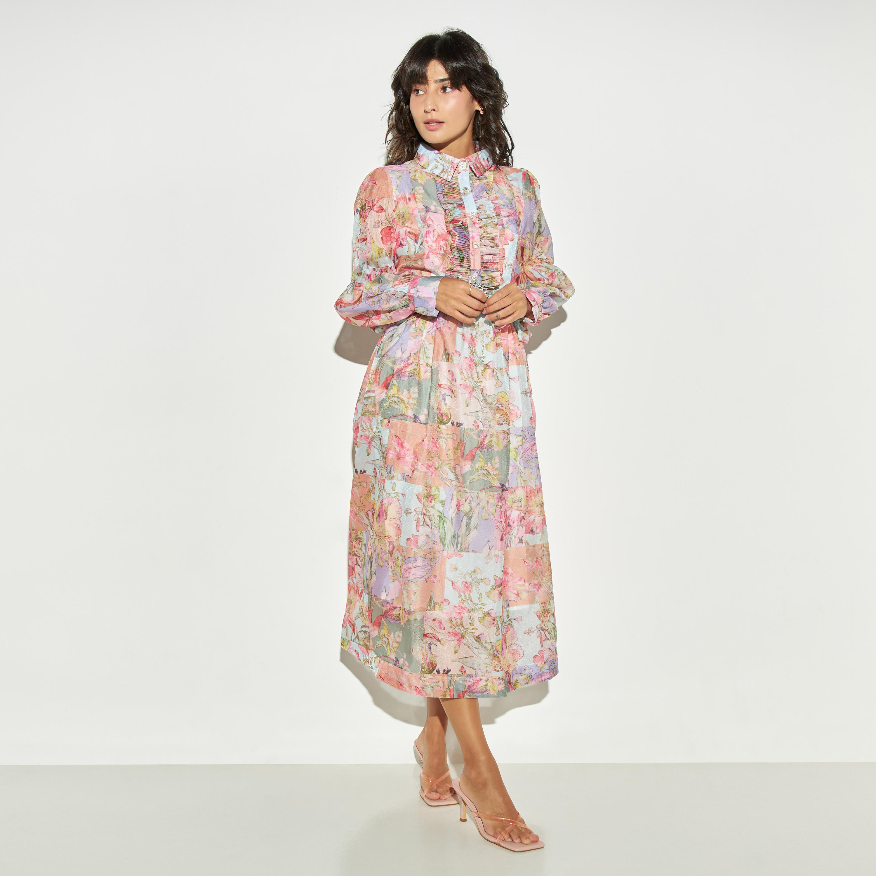 فستان إيه لاين بطبعات أزهار وكشكش وحزام من تو إكستريمز-women-clothing-dresses-image-1