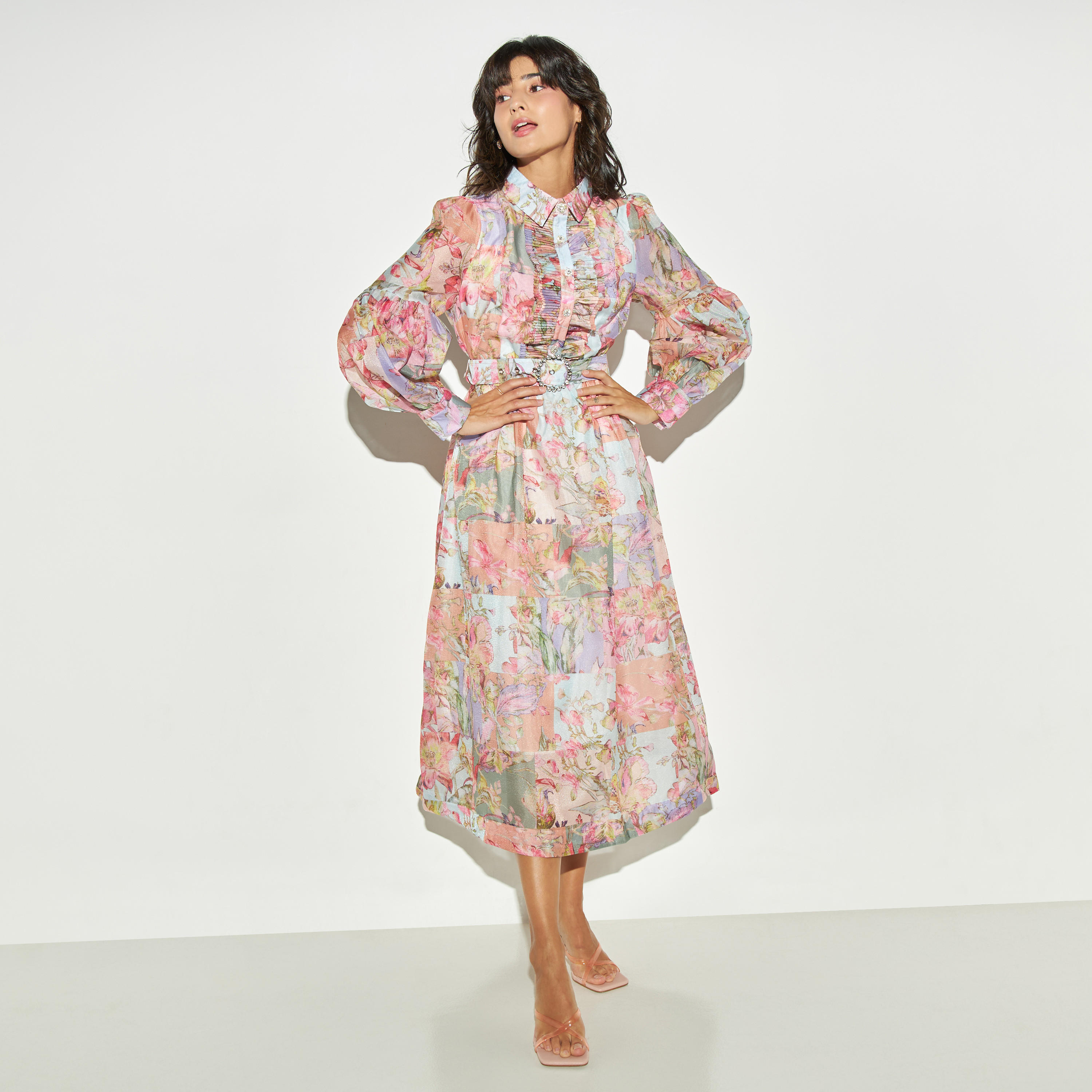 فستان إيه لاين بطبعات أزهار وكشكش وحزام من تو إكستريمز-women-clothing-dresses-image-2