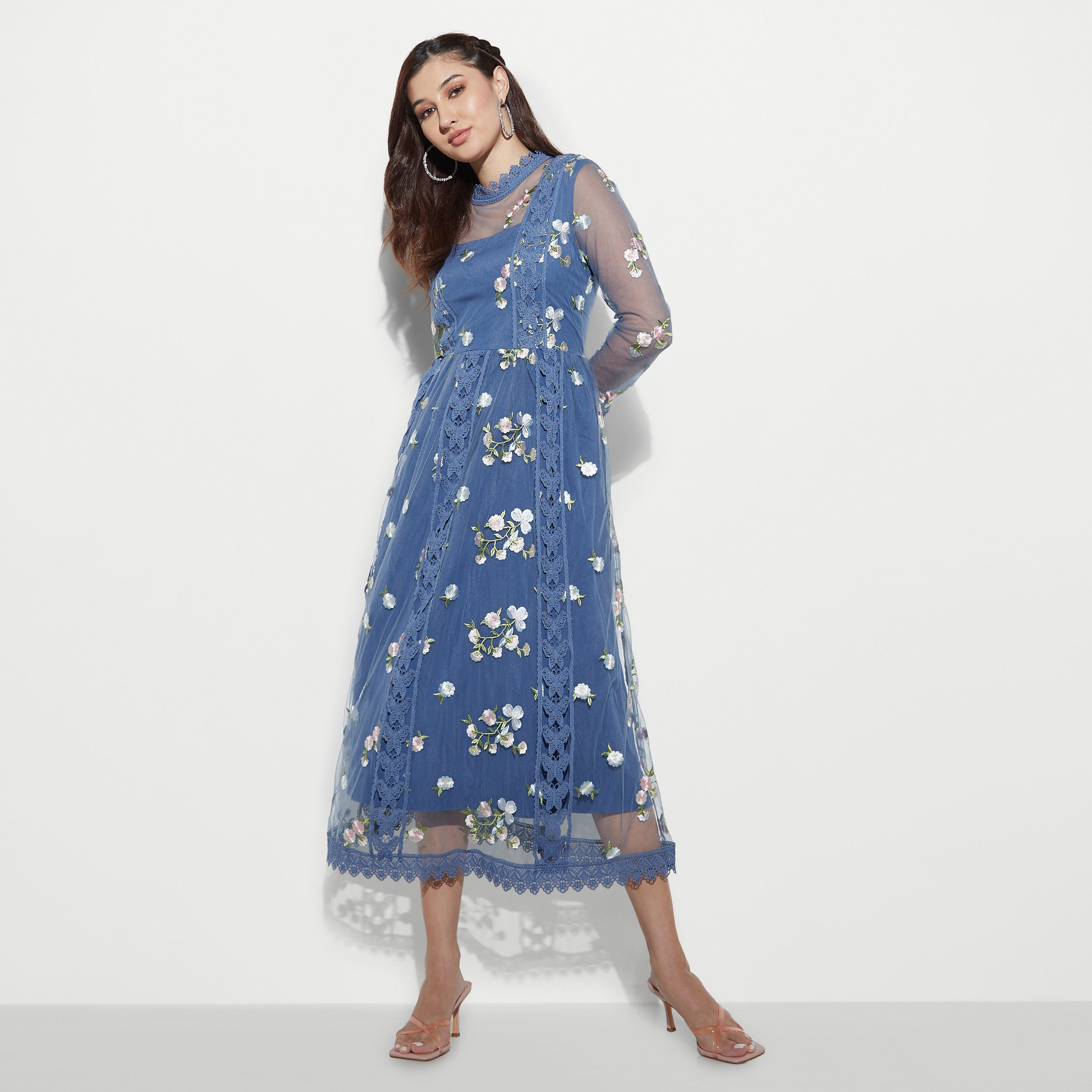 2Xtremz All-Over Embroidered Midi A-line Dress with Lace Detail-women-clothing-dresses-image-1