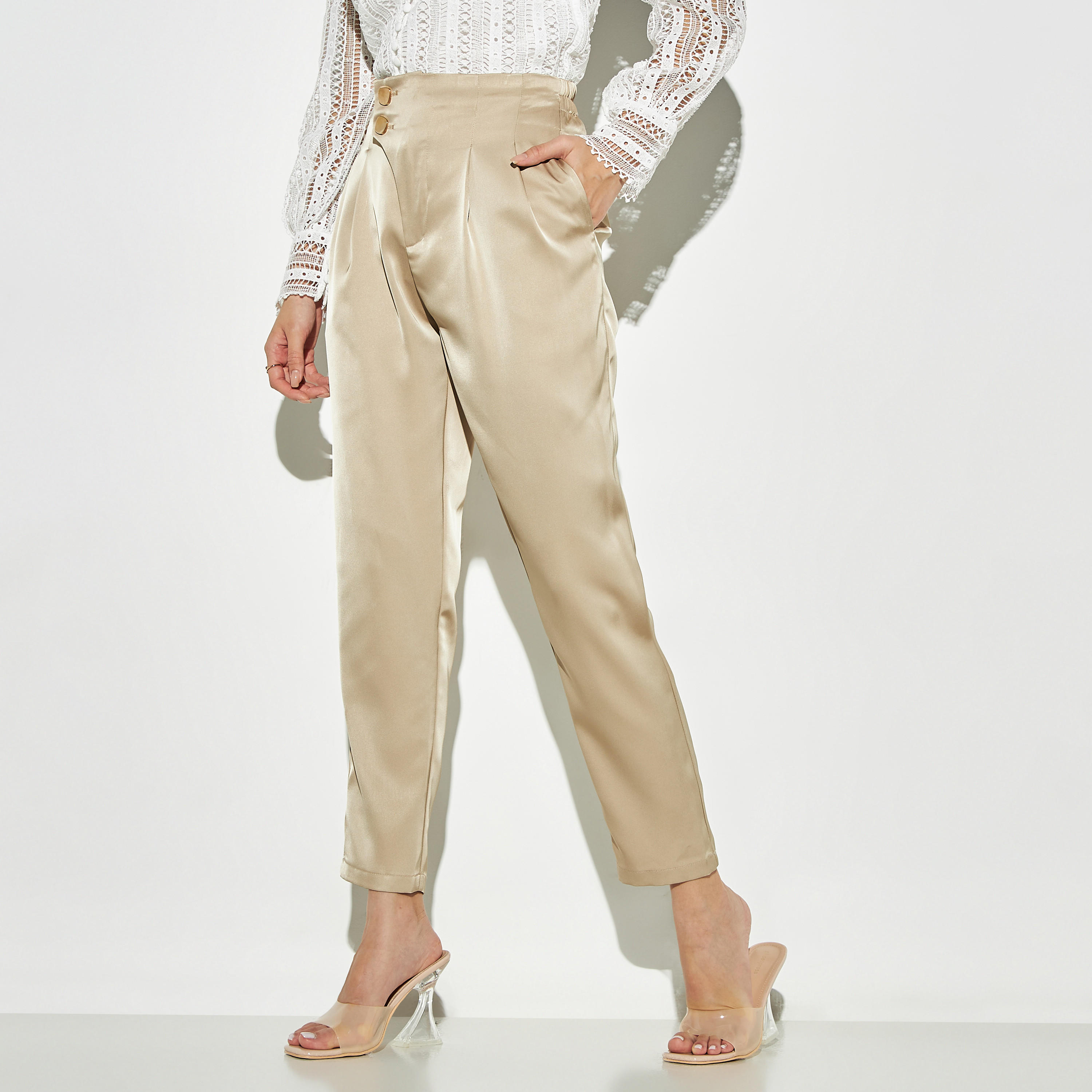 بنطلون ساتان بخصر نصف مطّاطي تو إكستريمز-women-clothing-bottoms-trousers-image-1