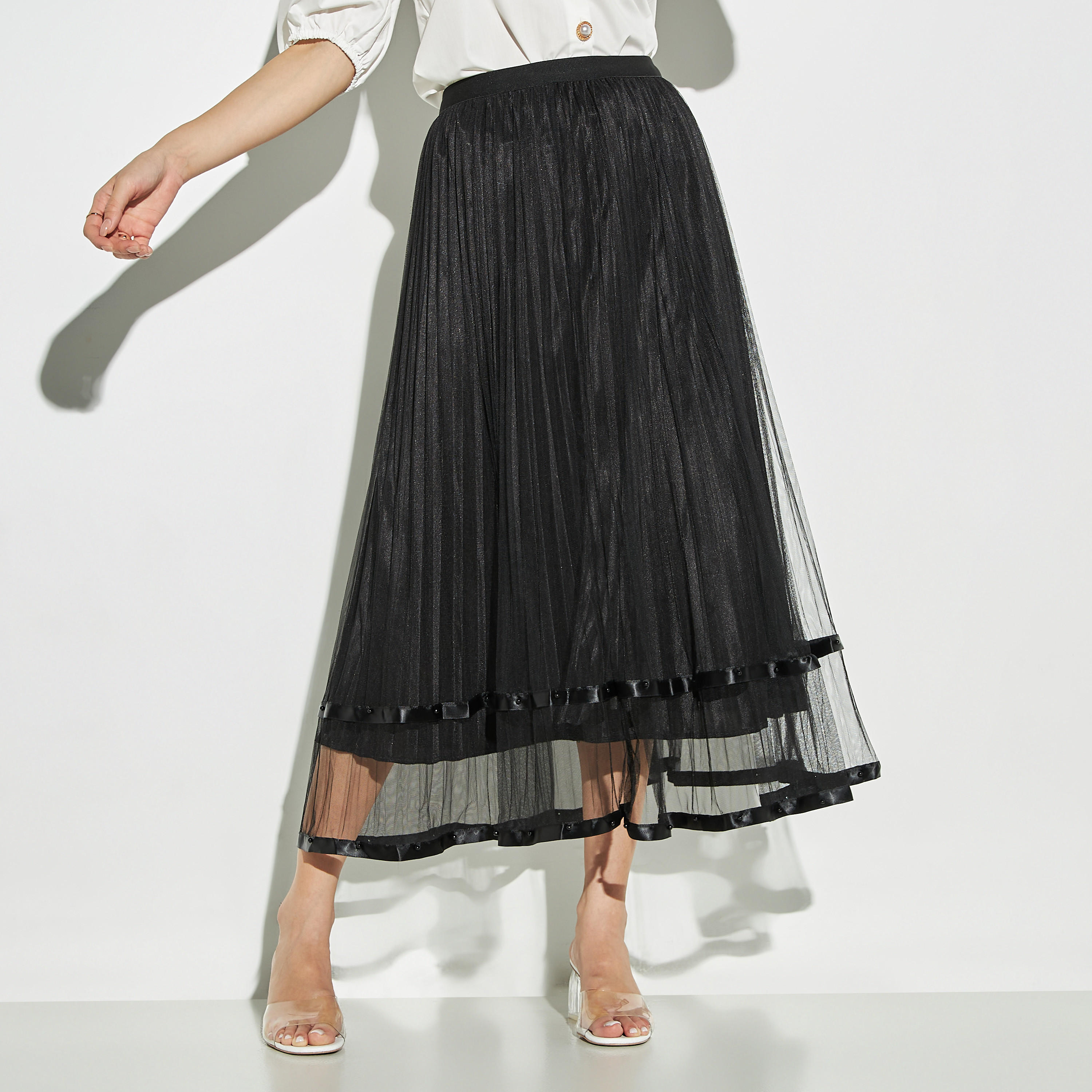 تنورة بخصر مطاطي وتفاصيل دانتيل من توإكستريمز-women-clothing-bottoms-skirts-image-1