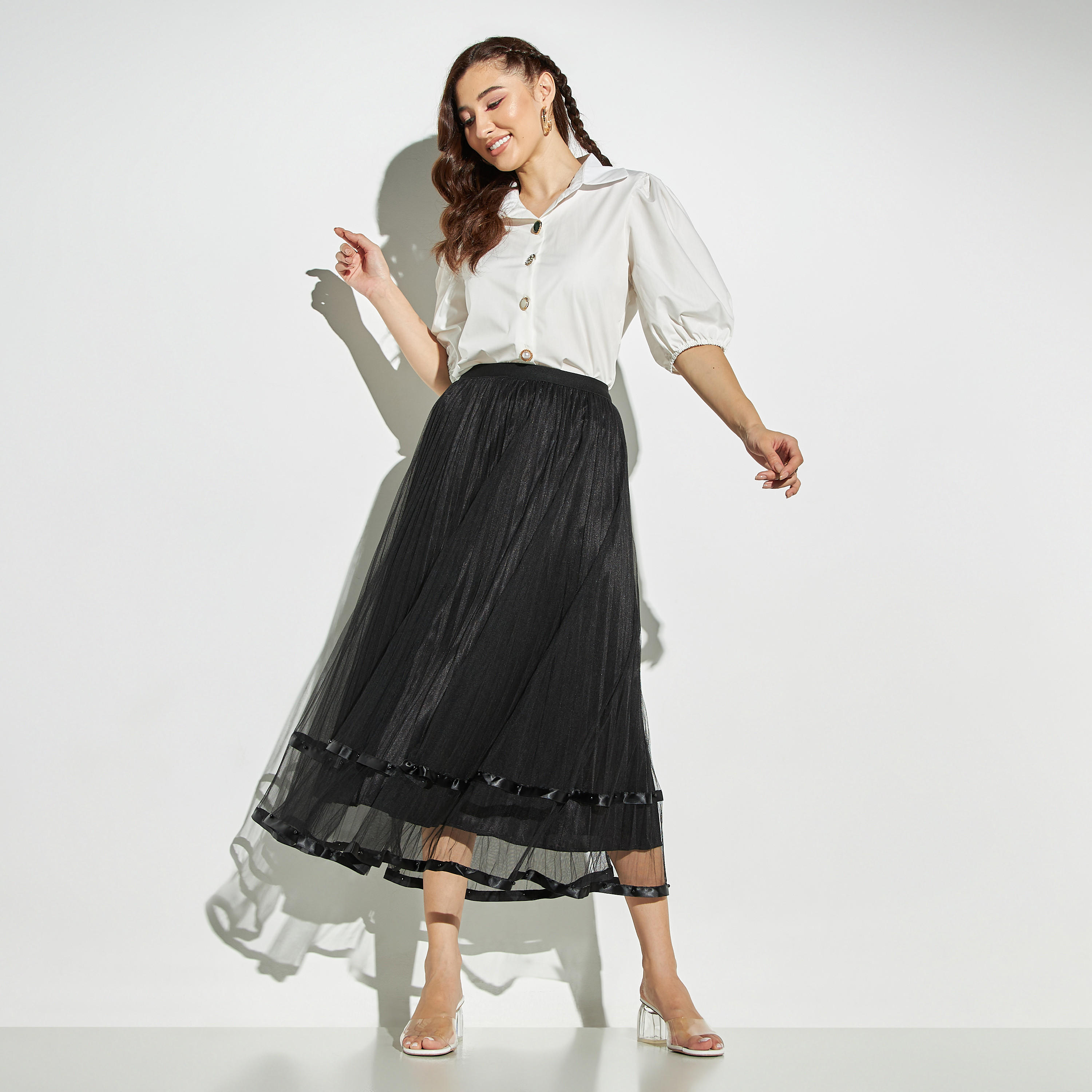 تنورة بخصر مطاطي وتفاصيل دانتيل من توإكستريمز-women-clothing-bottoms-skirts-image-2