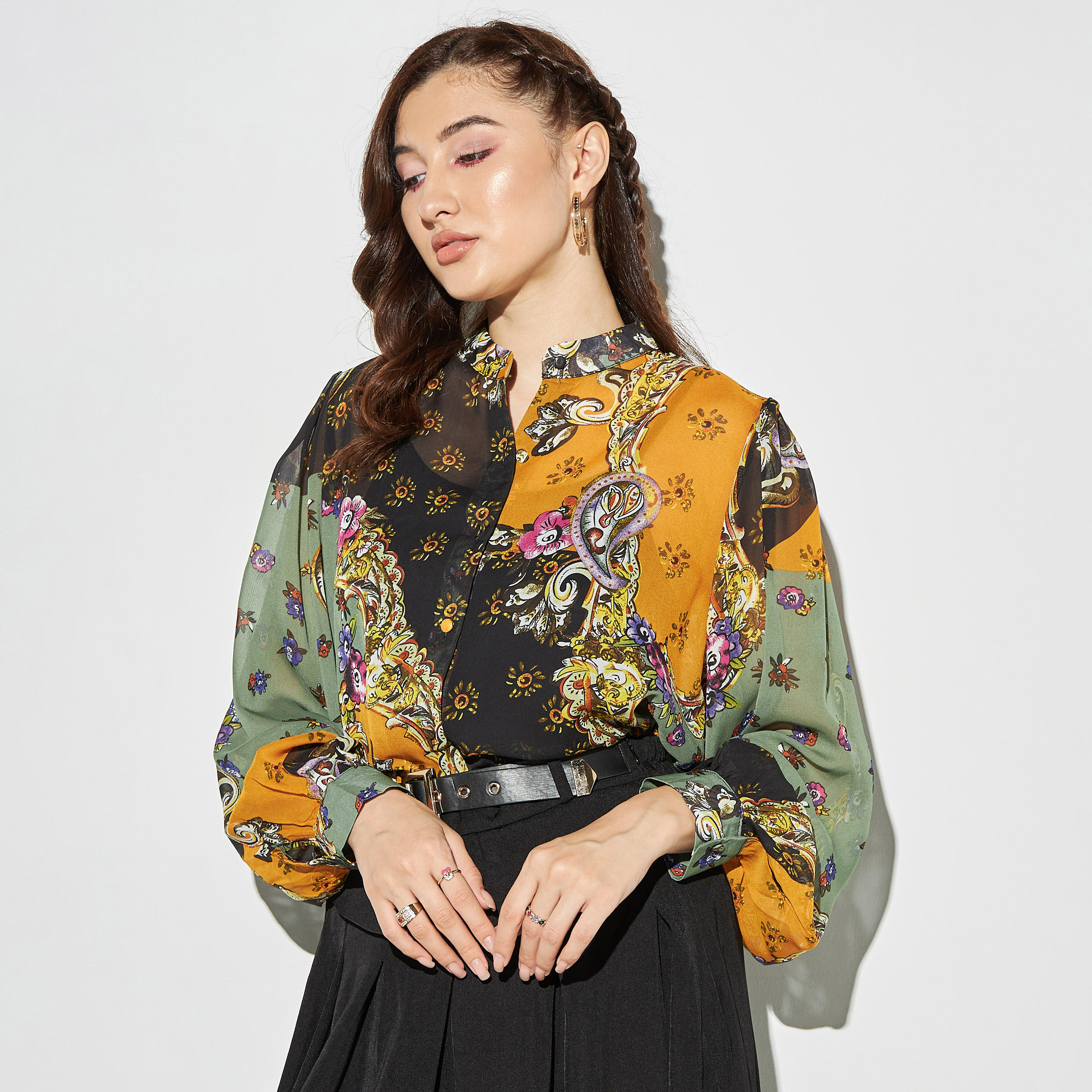 قميص بياقة باند وأكمام طويلة وطبعات من تو إكستريمز-women-clothing-shirtsandblouses-shirts-image-1