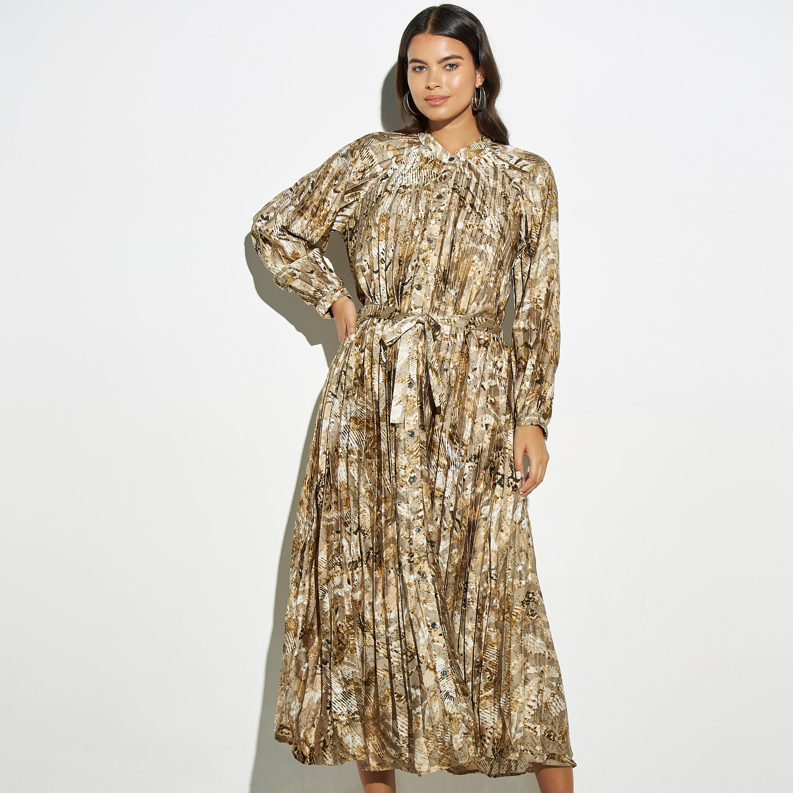 فستان قميص ميدي بكشكش وأربطة وأكمام طويلة من تو إكستريمز-women-clothing-dresses-image-1