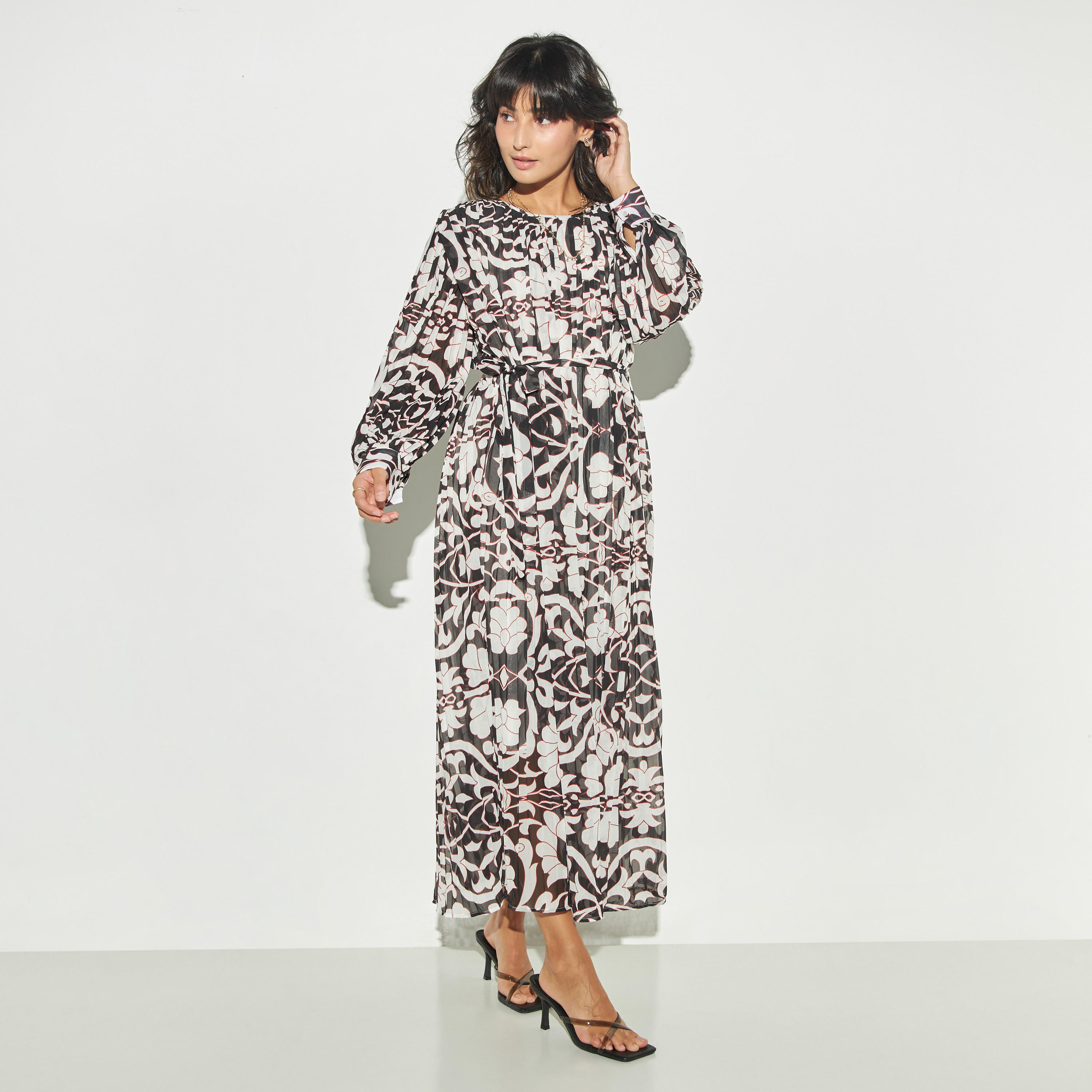 فستان طويل بكسرات وطبعات وأكمام بالون وأربطة من تو إكستريمز-women-clothing-dresses-image-1