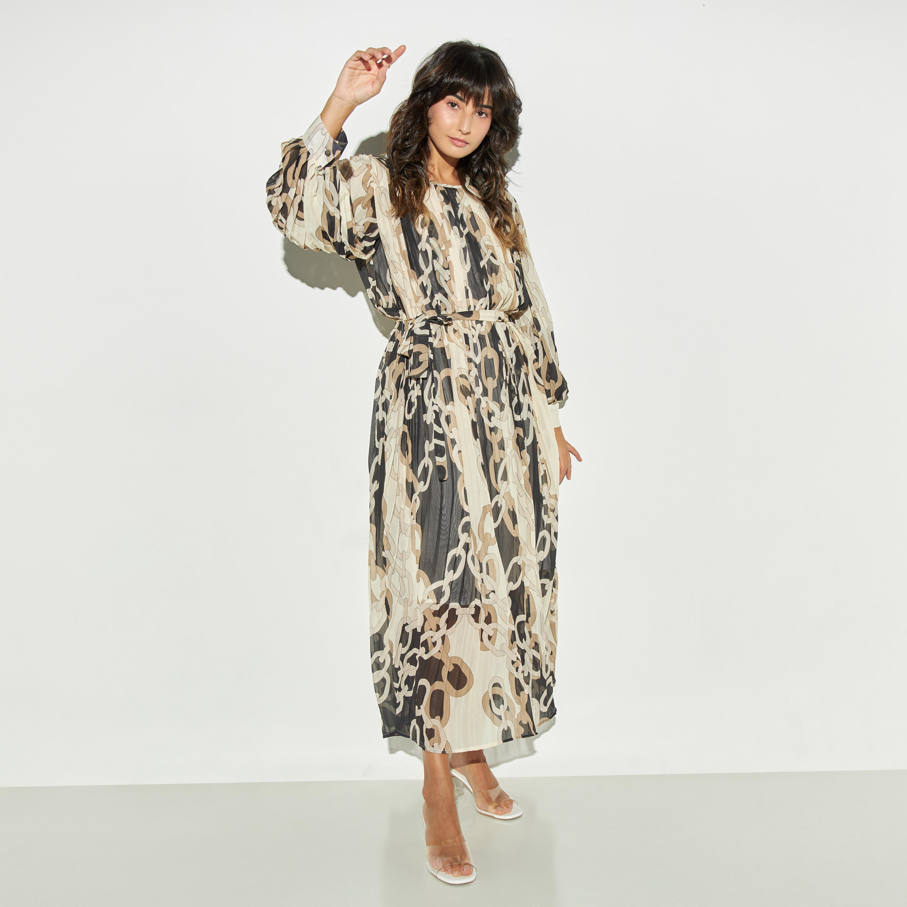 فستان طويل بأكمام منفوخة وأربطة وكشكش وطبعات من تو إكستريمز-women-clothing-dresses-image-1