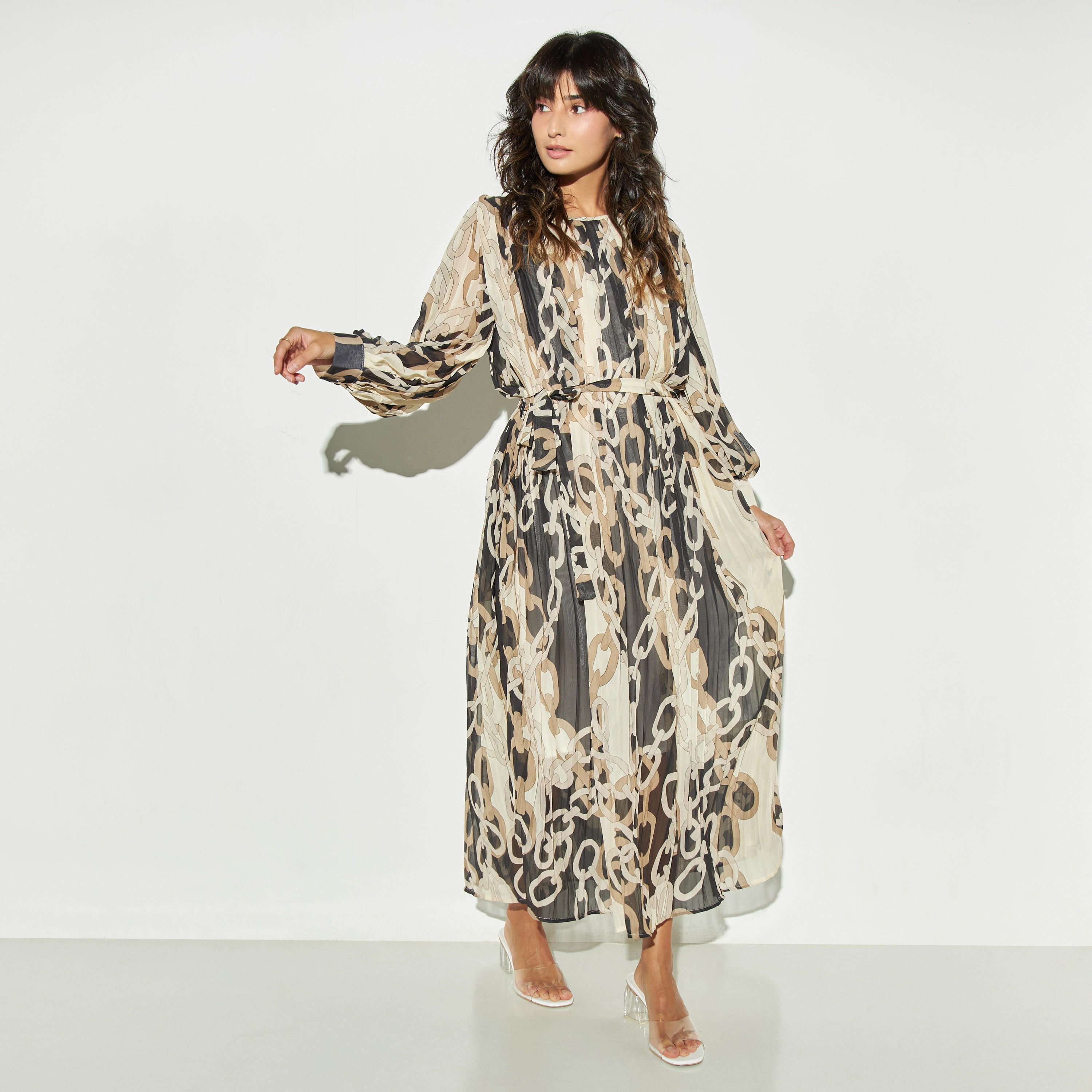 فستان طويل بأكمام منفوخة وأربطة وكشكش وطبعات من تو إكستريمز-women-clothing-dresses-image-2
