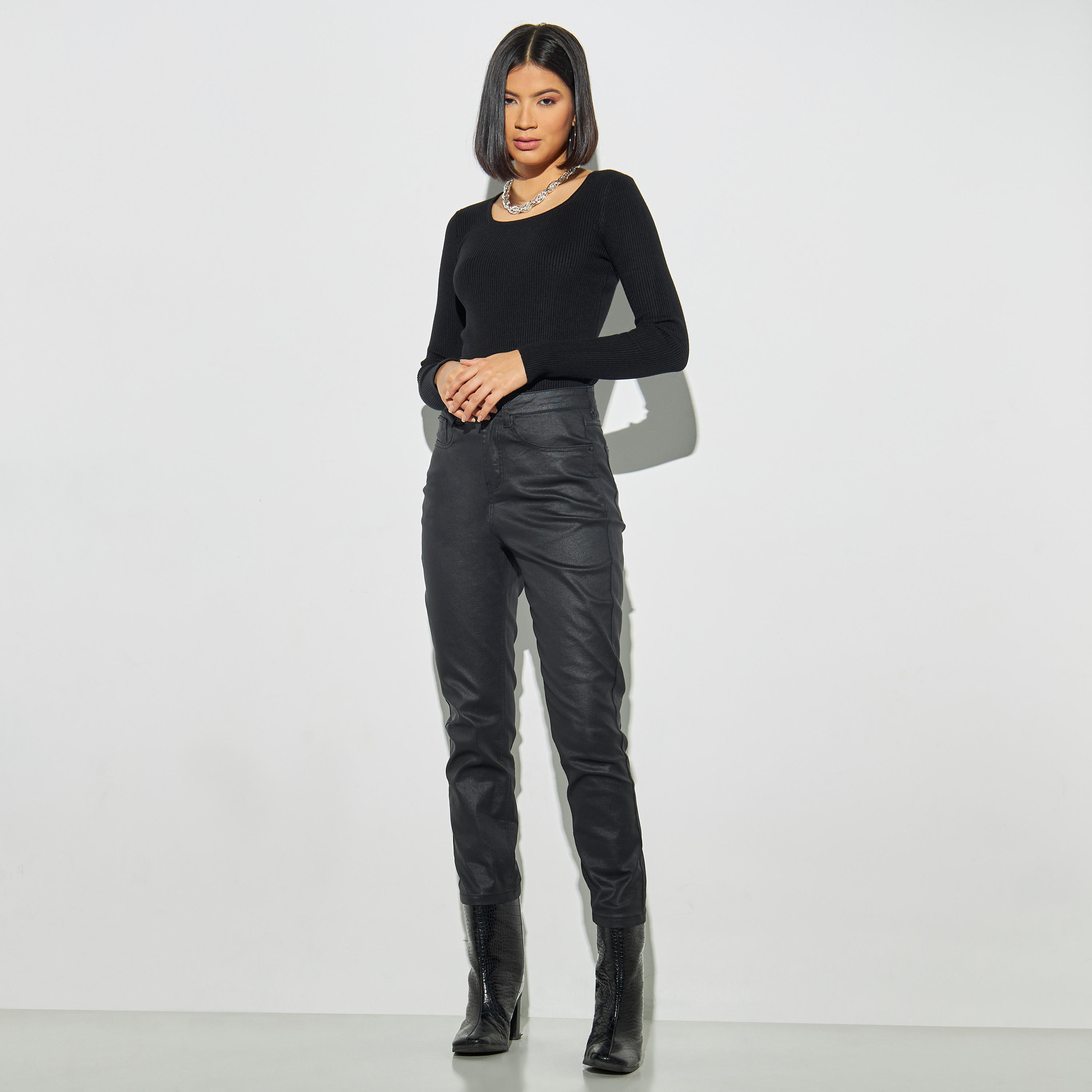 كنزة تريكو مضلعة بياقة مربعة وأكمام طويلة من تو إكستريمز-women-clothing-cardigansandjumpers-jumpers-image-2