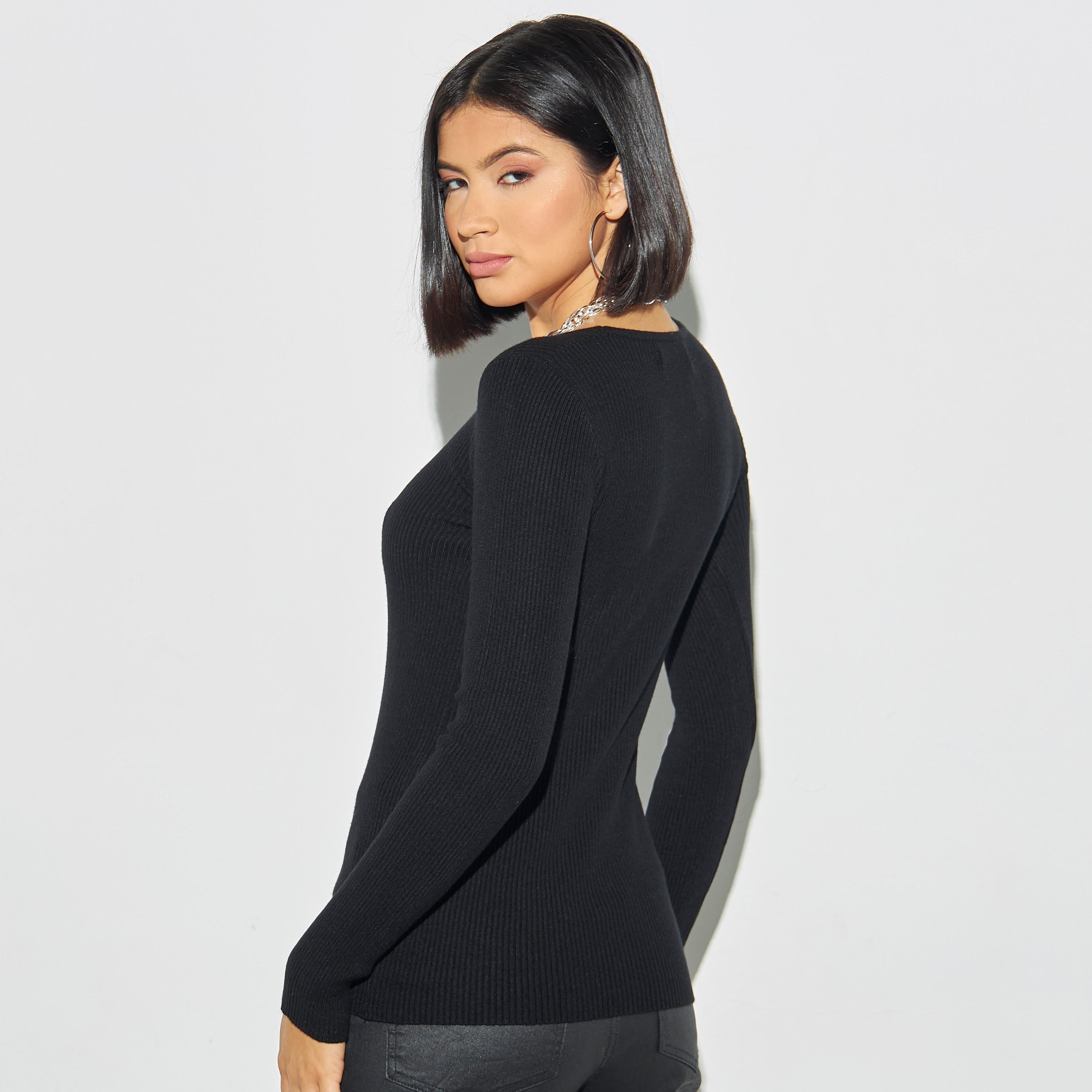 كنزة تريكو مضلعة بياقة مربعة وأكمام طويلة من تو إكستريمز-women-clothing-cardigansandjumpers-jumpers-image-3