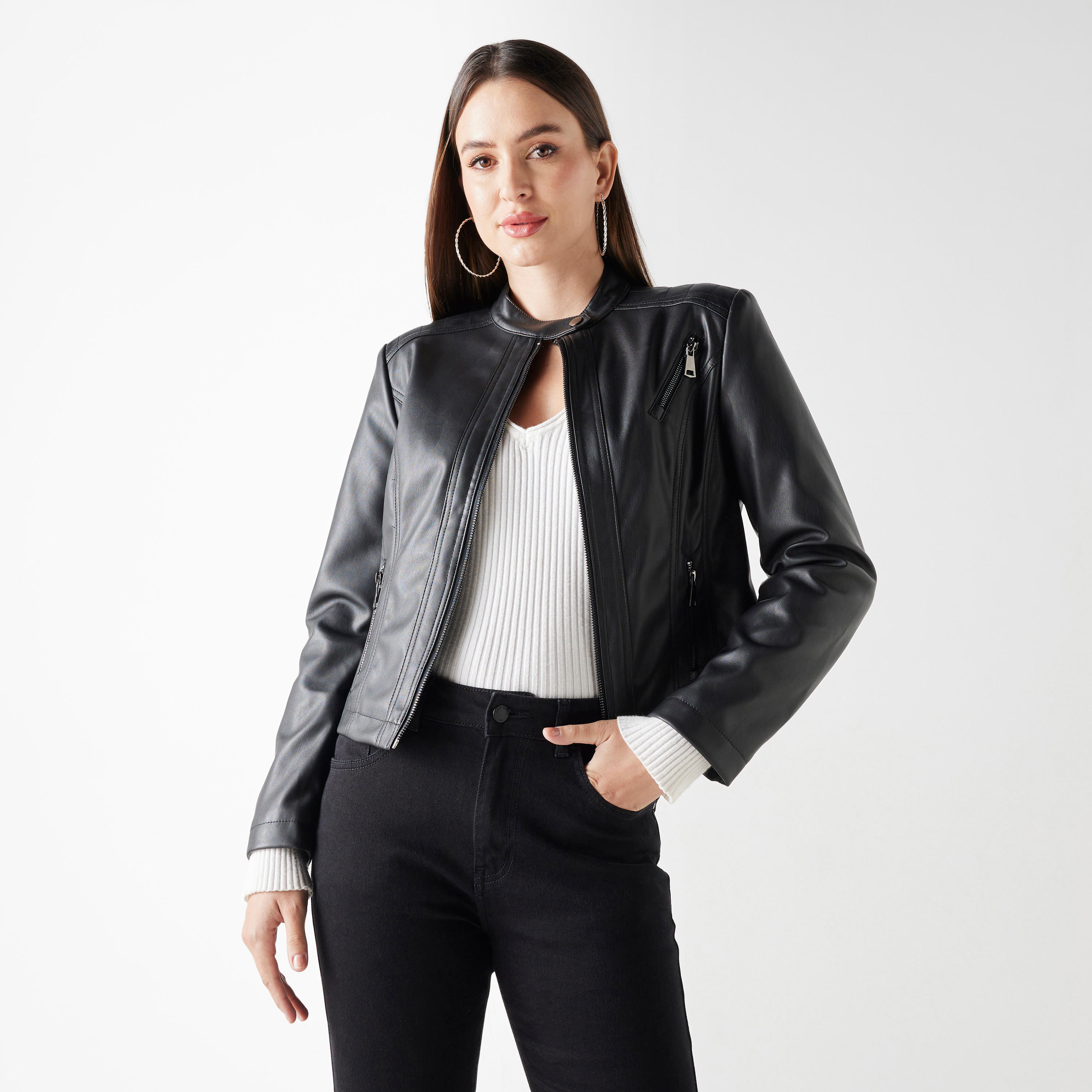 جاكيت بايكر بسحّاب وأكمام طويلة من تو إكستريمز-women-winterwear-coatsandjackets-jackets-image-5