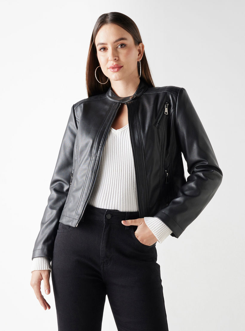جاكيت بايكر بسحّاب وأكمام طويلة من تو إكستريمز-women-winterwear-coatsandjackets-jackets-image-5