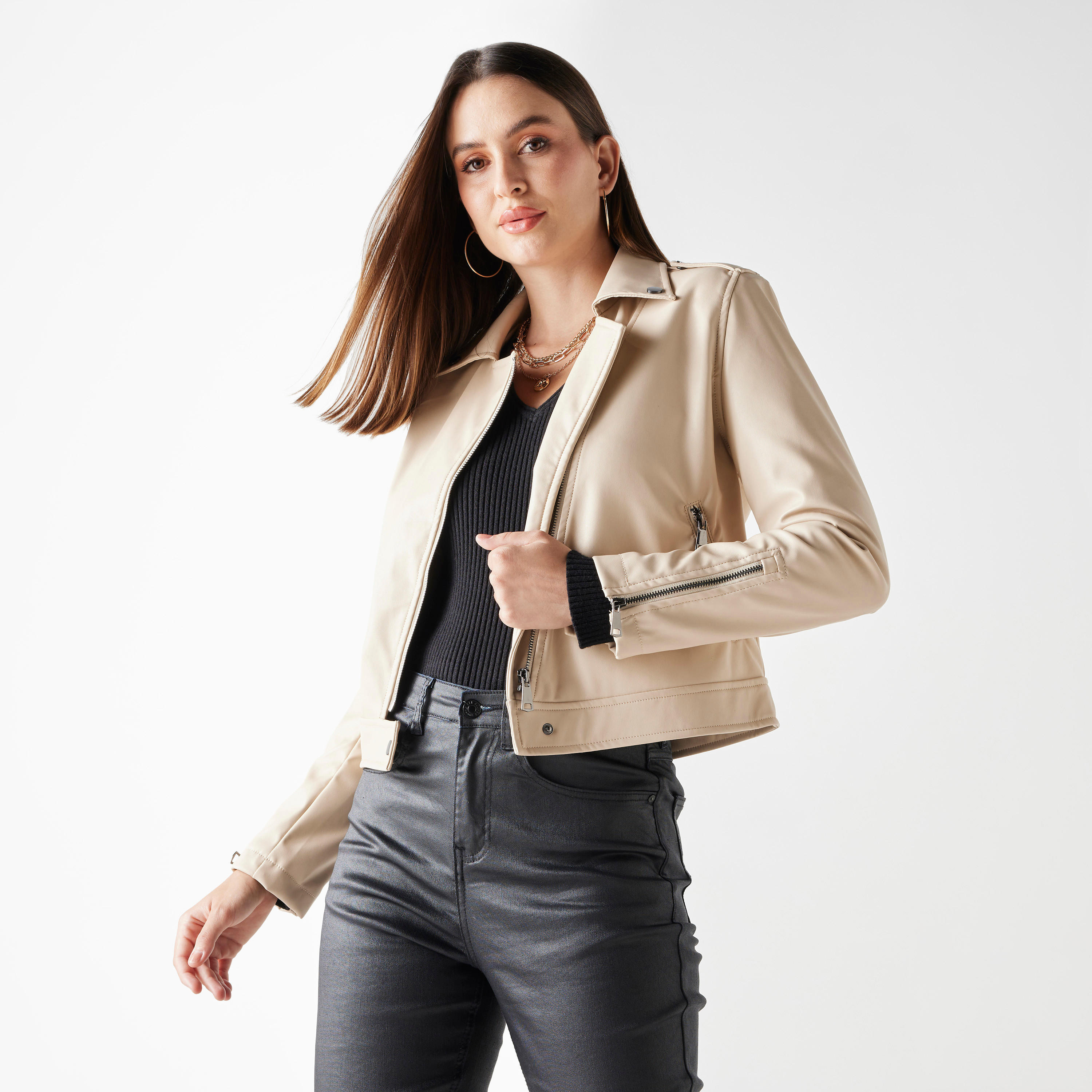 جاكيت بايكر بسحّاب وأكمام طويلة من تو إكستريمز-women-winterwear-coatsandjackets-jackets-image-1