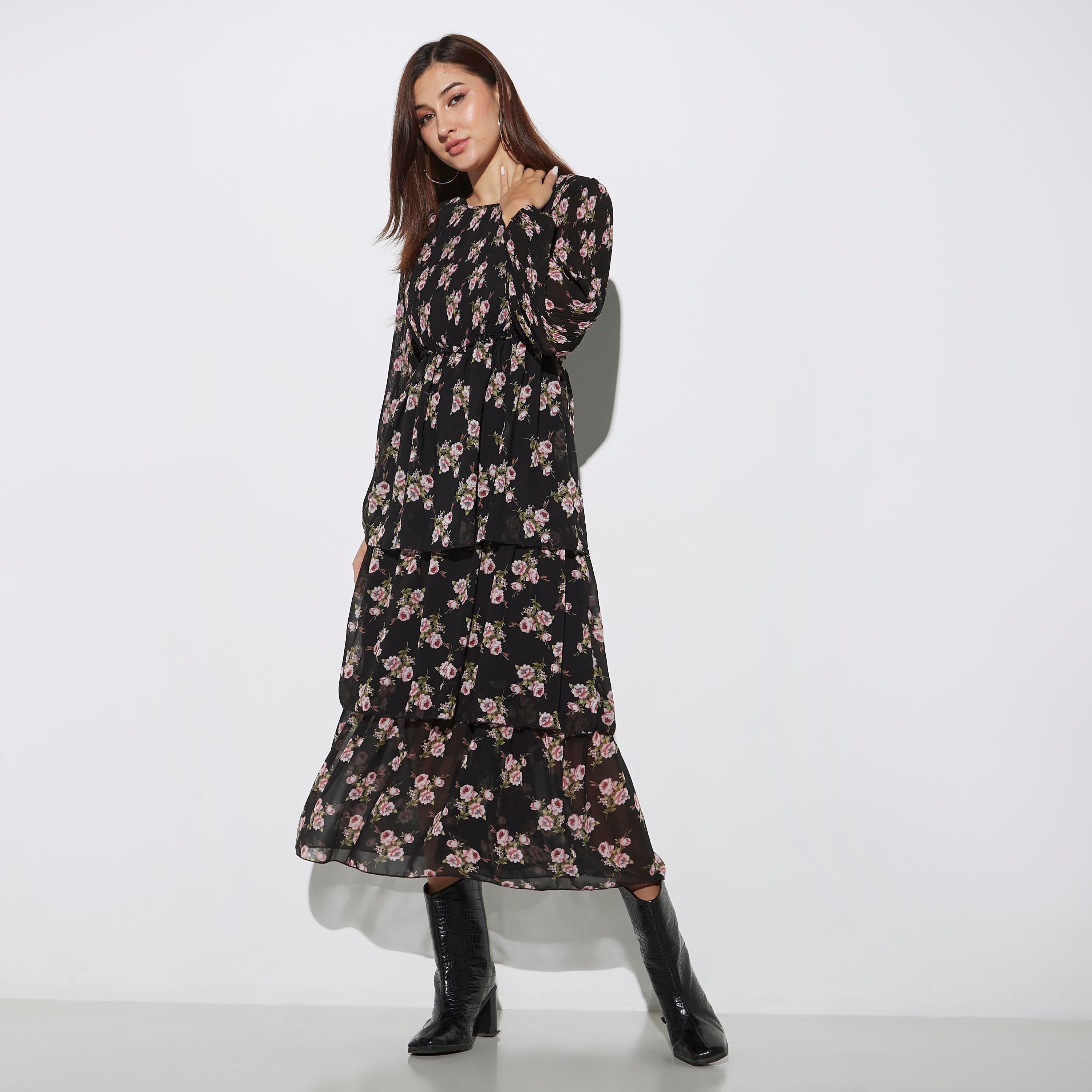 2Xtremz All-Over Floral Print Maxi Tiered Dress with Round Neck and Long Sleeves-women-clothing-dresses-image-6